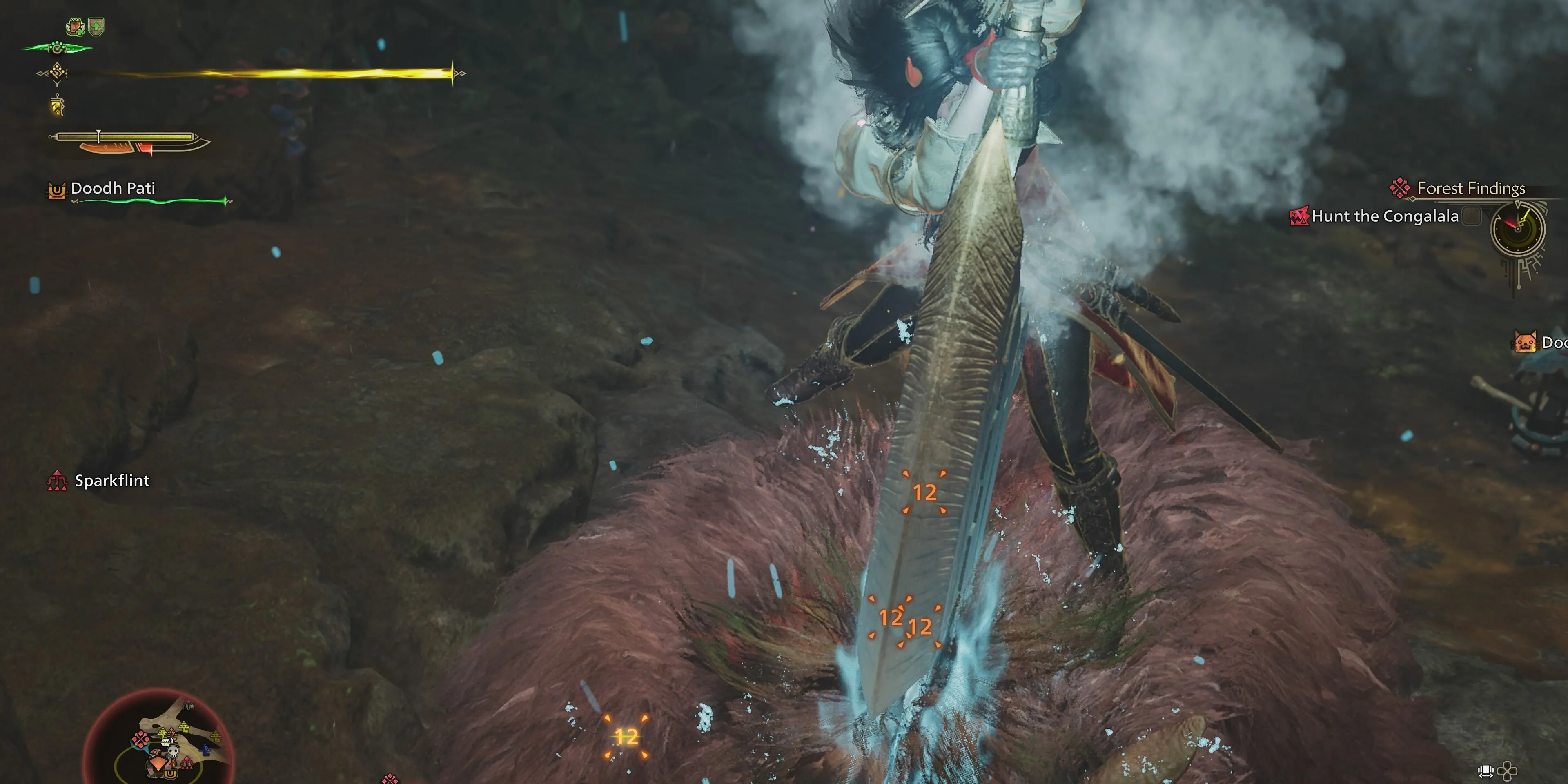 Thợ săn sử dụng đòn kết thúc khi đang cưỡi Congalala trong Monster Hunter Wilds