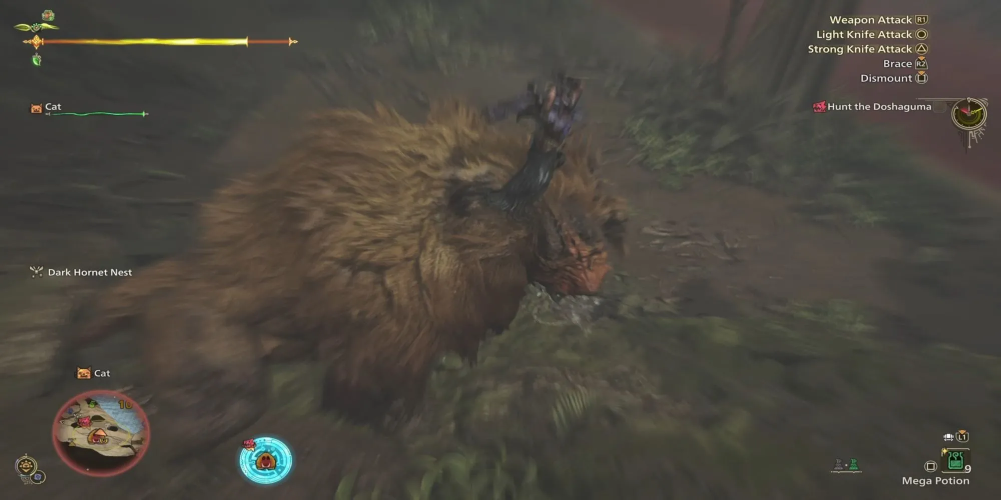 Thợ săn thực hiện đòn tấn công khi đang cưỡi trên lưng quái vật trong Monster Hunter Wilds