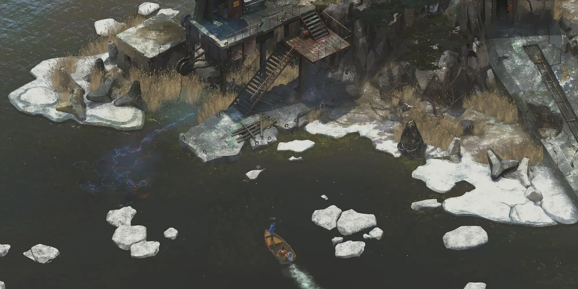 Thuyền di chuyển trong thế giới Revachol của Disco Elysium, mở ra hành trình phá án