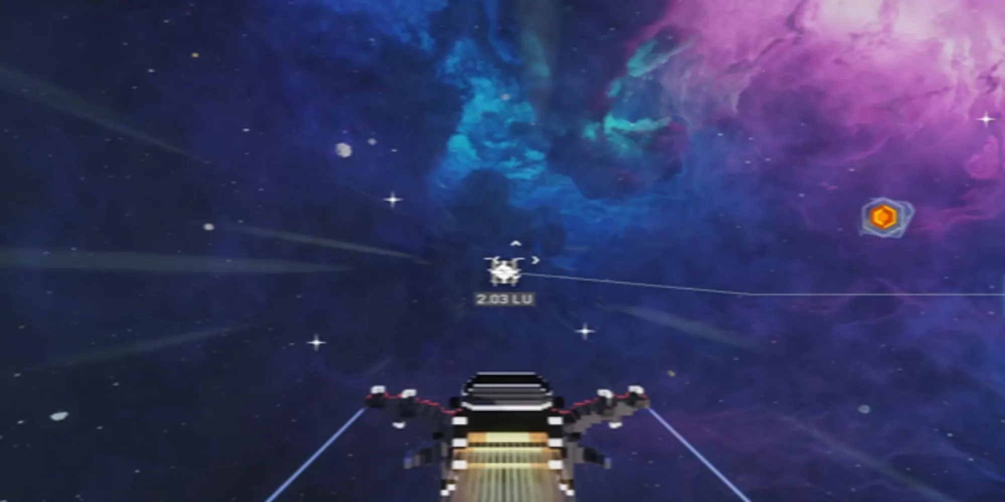 Toàn cảnh không gian tuyệt đẹp trong game Cubic Odyssey, với tinh vân và các hành tinh hình lập phương