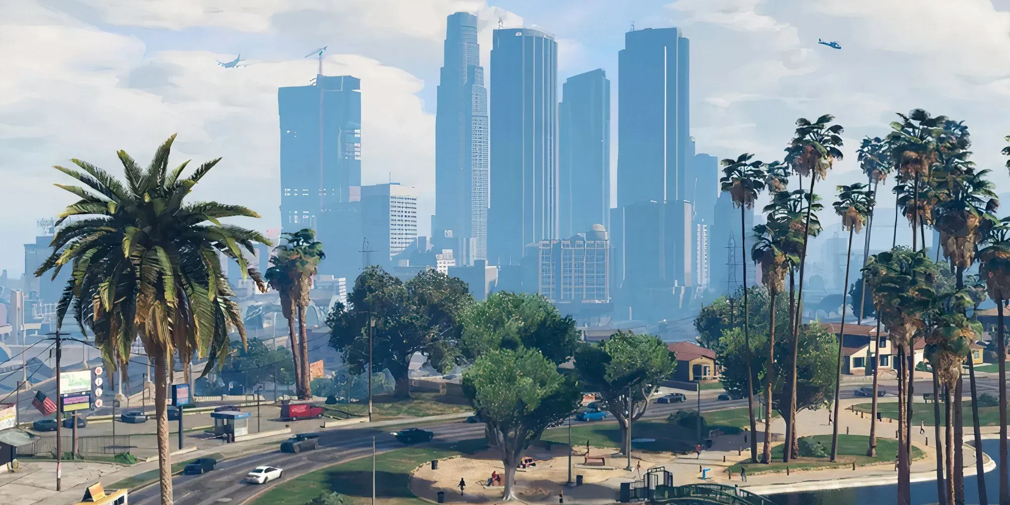 Toàn cảnh thành phố Los Santos trong game GTA V với những tòa nhà cao tầng và đường phố đông đúc