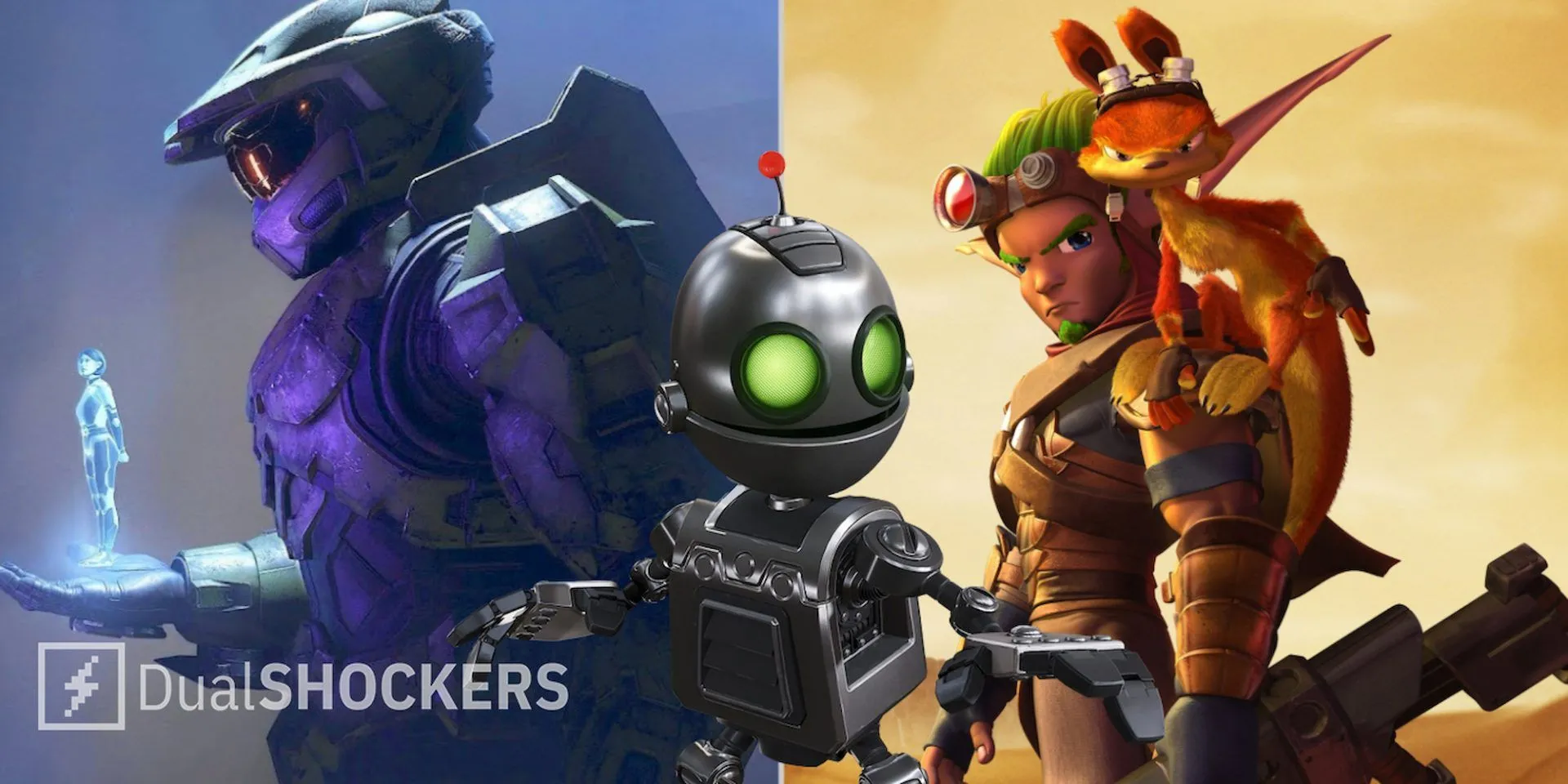 Tổng hợp các nhân vật phụ game nổi tiếng như Master Chief và The Weapon, Clank từ Ratchet and Clank, và Jak cùng Daxter đứng cạnh nhau.