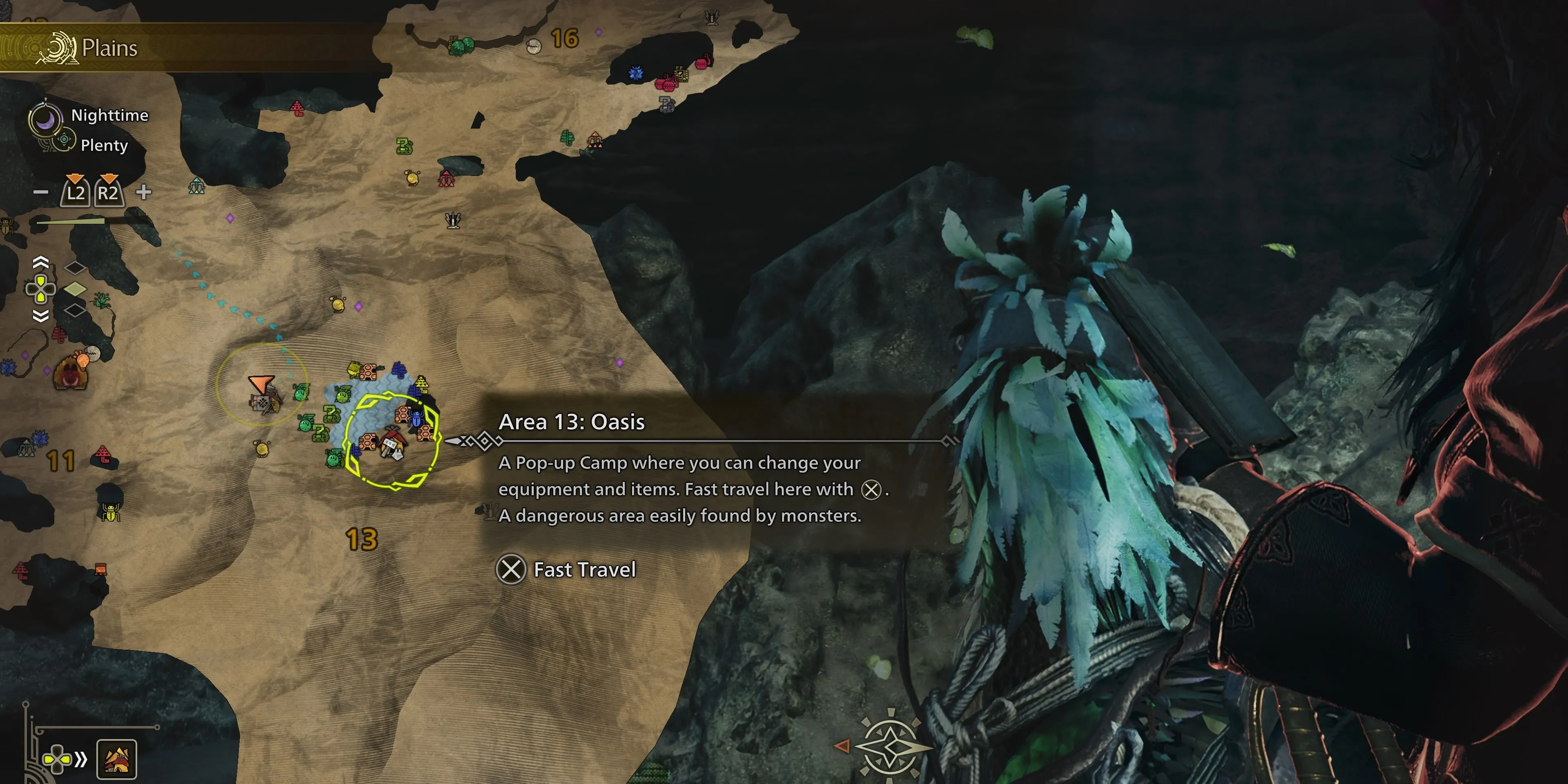 Trại tạm Oasis Pop-up trong Monster Hunter Wilds tại Đồng Bằng Gió Lộng