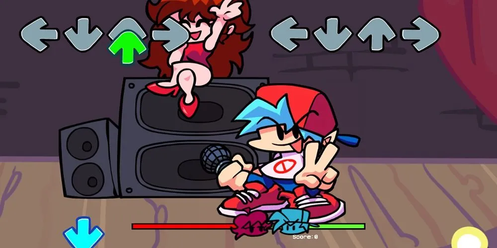 Trò chơi Friday Night Funkin' từ Poki Games với các nhân vật hoạt hình và mũi tên nhịp điệu