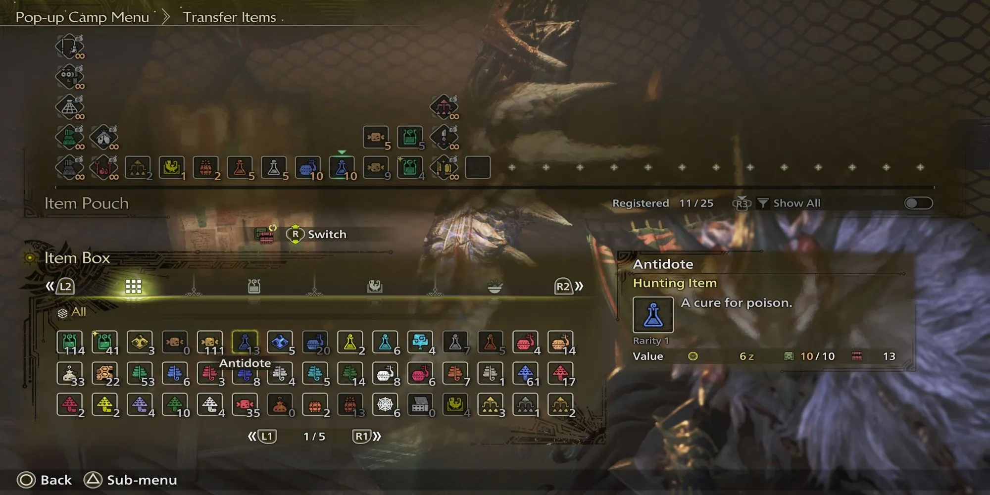 Túi đồ chứa đầy vật phẩm cần thiết của một thợ săn trong Monster Hunter Wilds