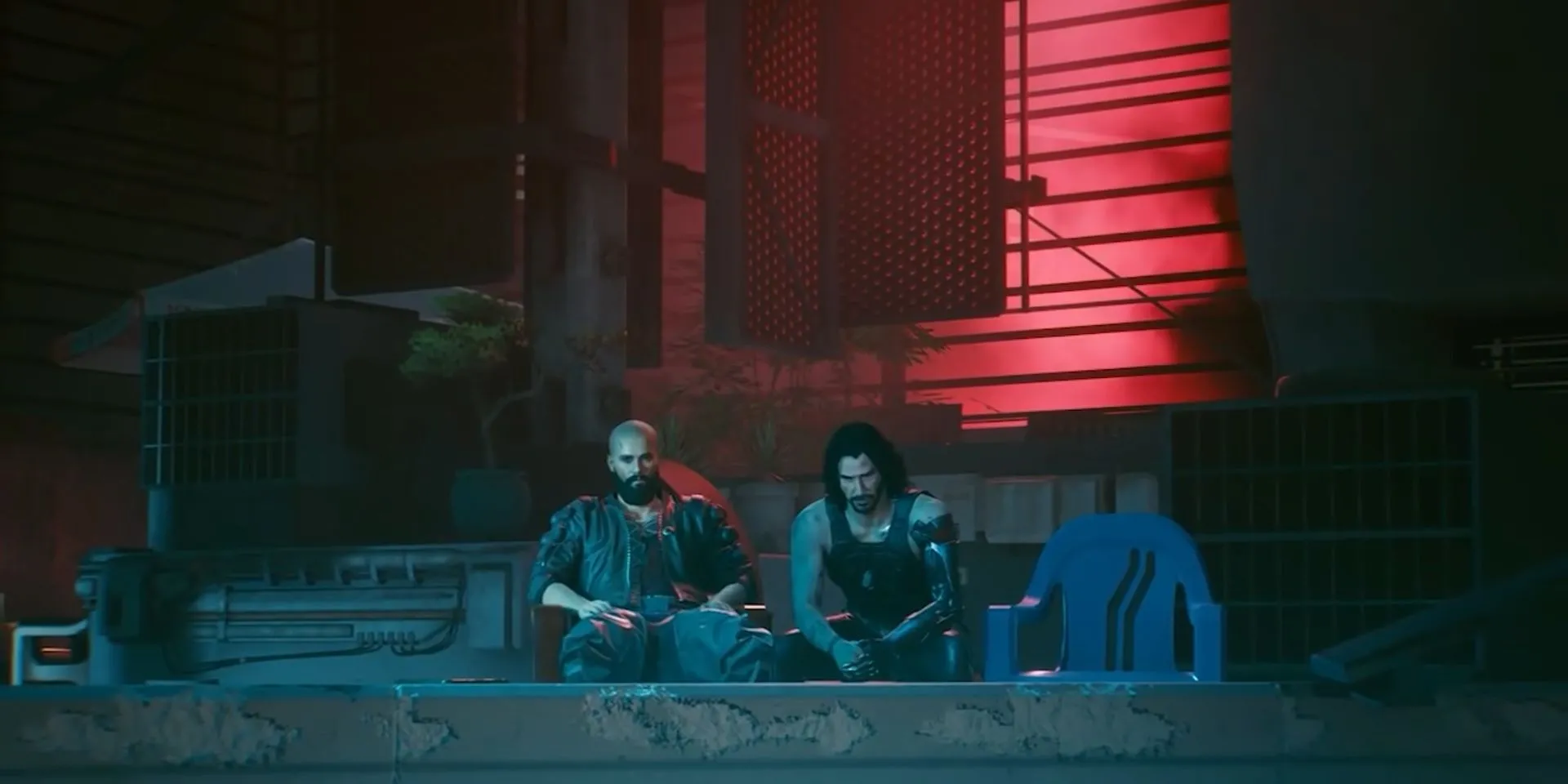 V và Johnny trên tầng thượng trong Cyberpunk 2077