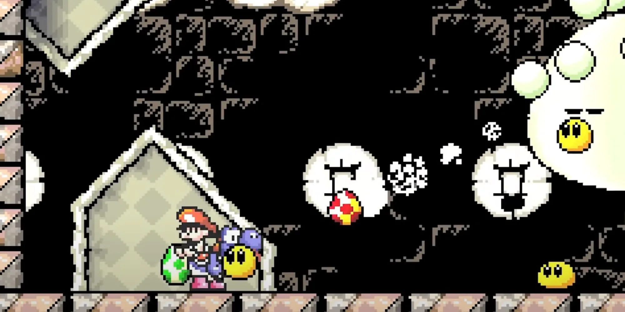 Yoshi địu Baby Mario chiến đấu với Boos trong Yoshi's Island SNES