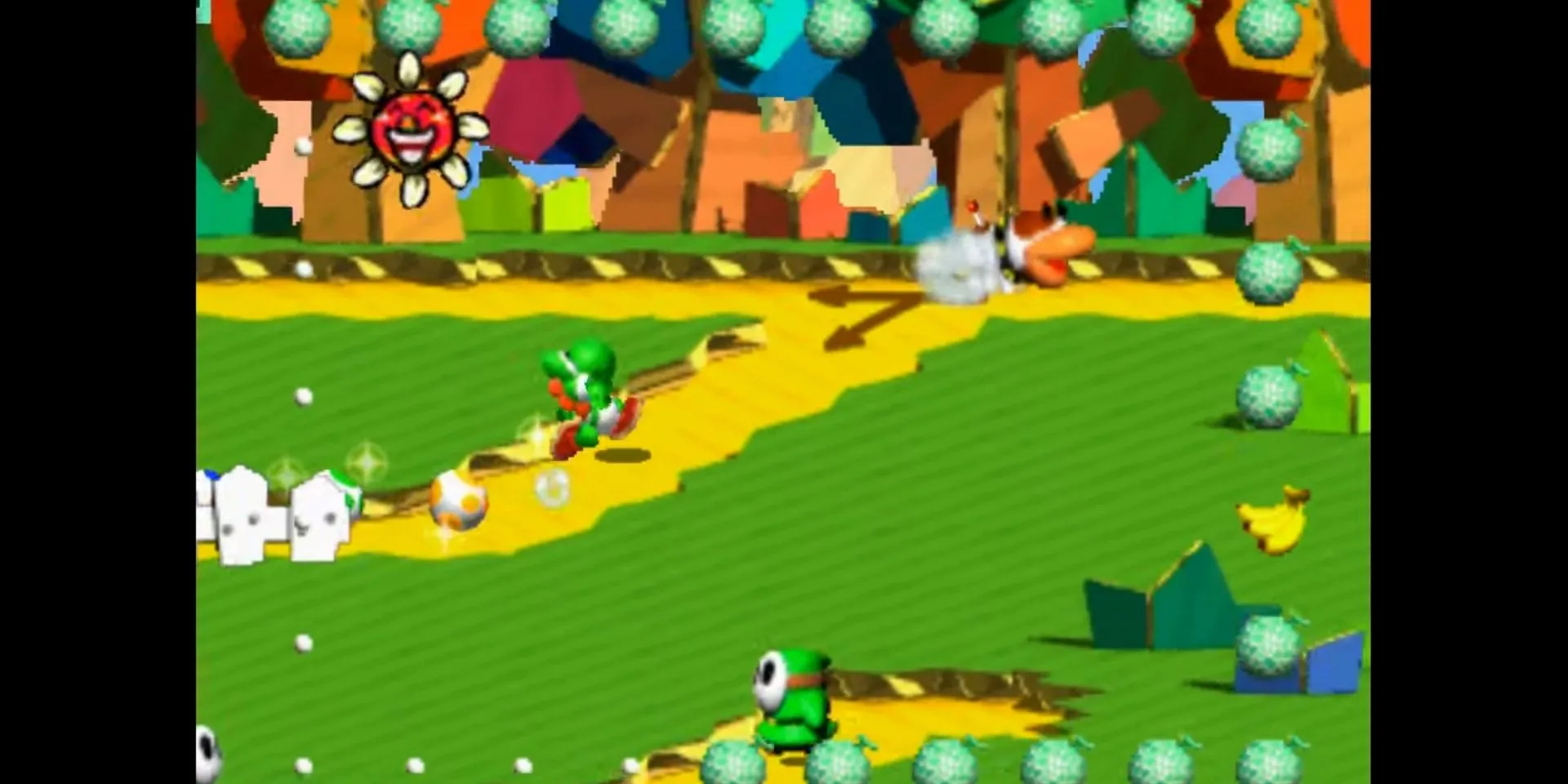Yoshi phiêu lưu qua những ngọn đồi trong Yoshi's Story, tựa game platformer với đồ họa độc đáo.