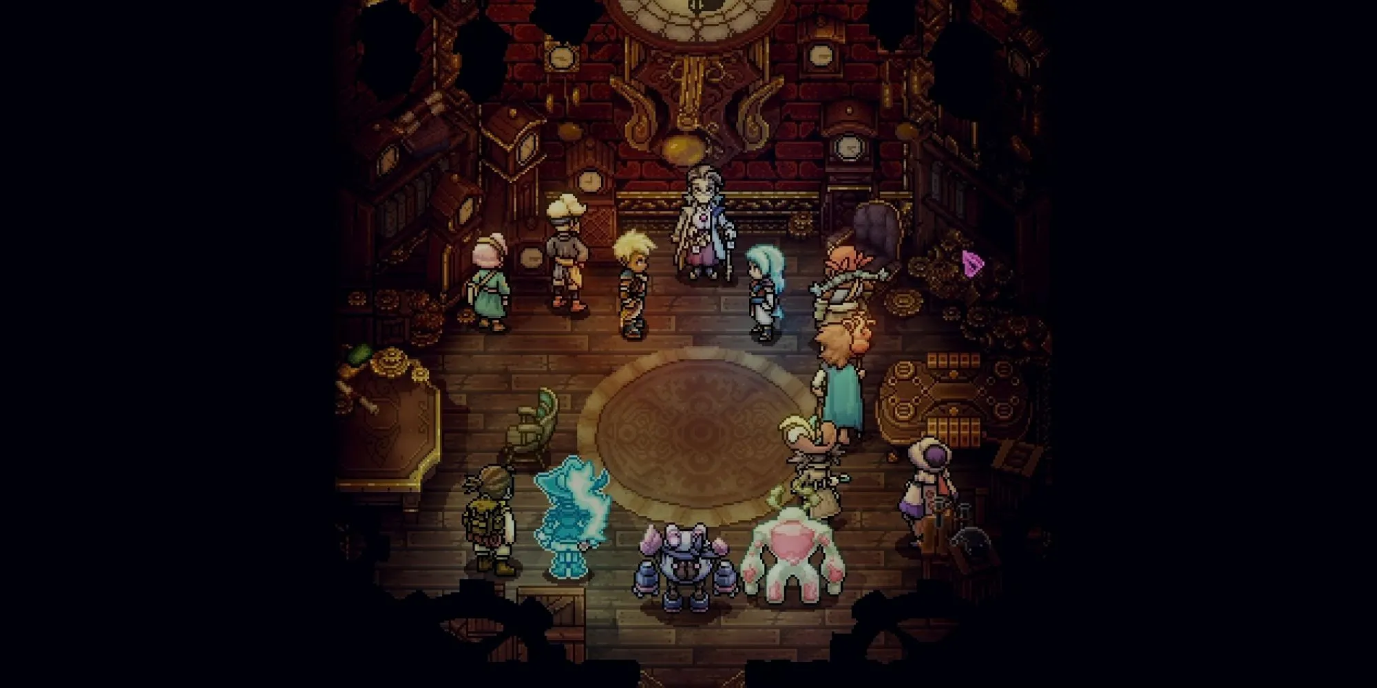 Zale và Valere nói chuyện với The Watchmaker trong DLC Sea of Stars Throes of the Watchmaker