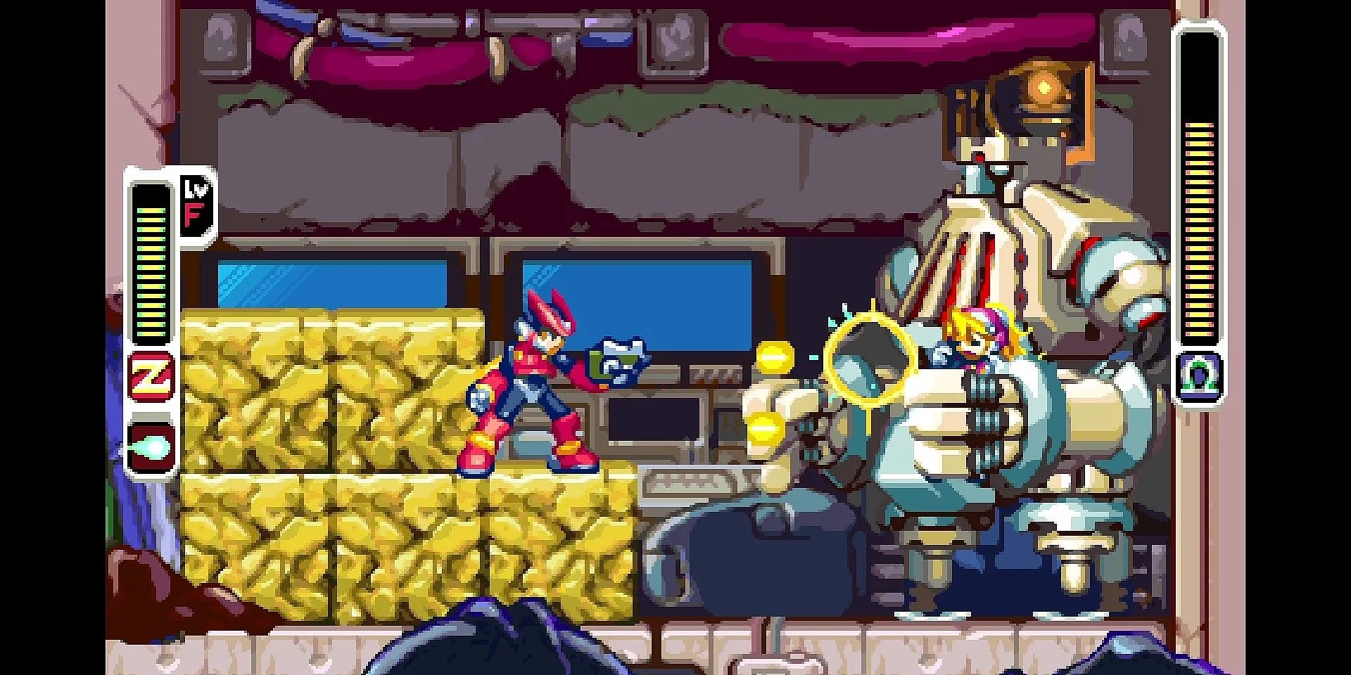 Zero chiến đấu với Golem trong Mega Man Zero, thể hiện phong cách hành động tốc độ cao và đầy thử thách.