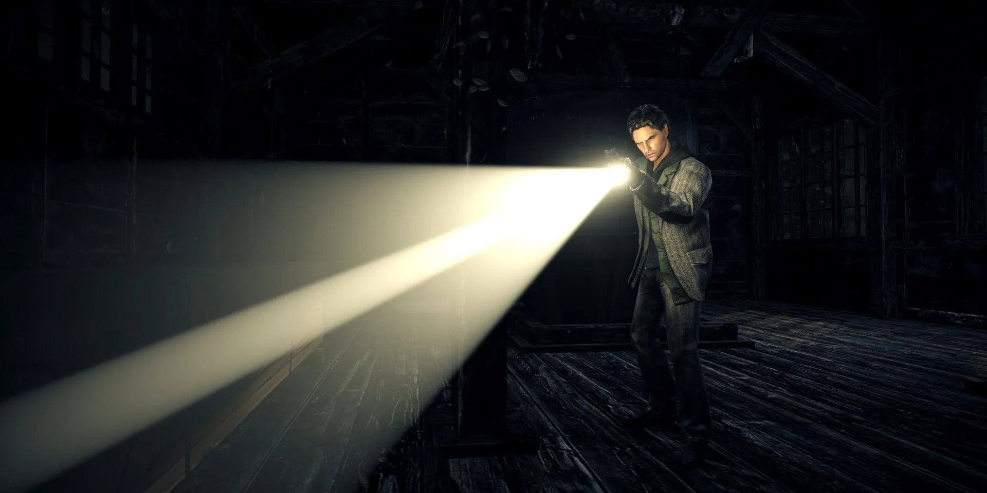 Alan Wake sử dụng đèn pin chiếu sáng trong cảnh game