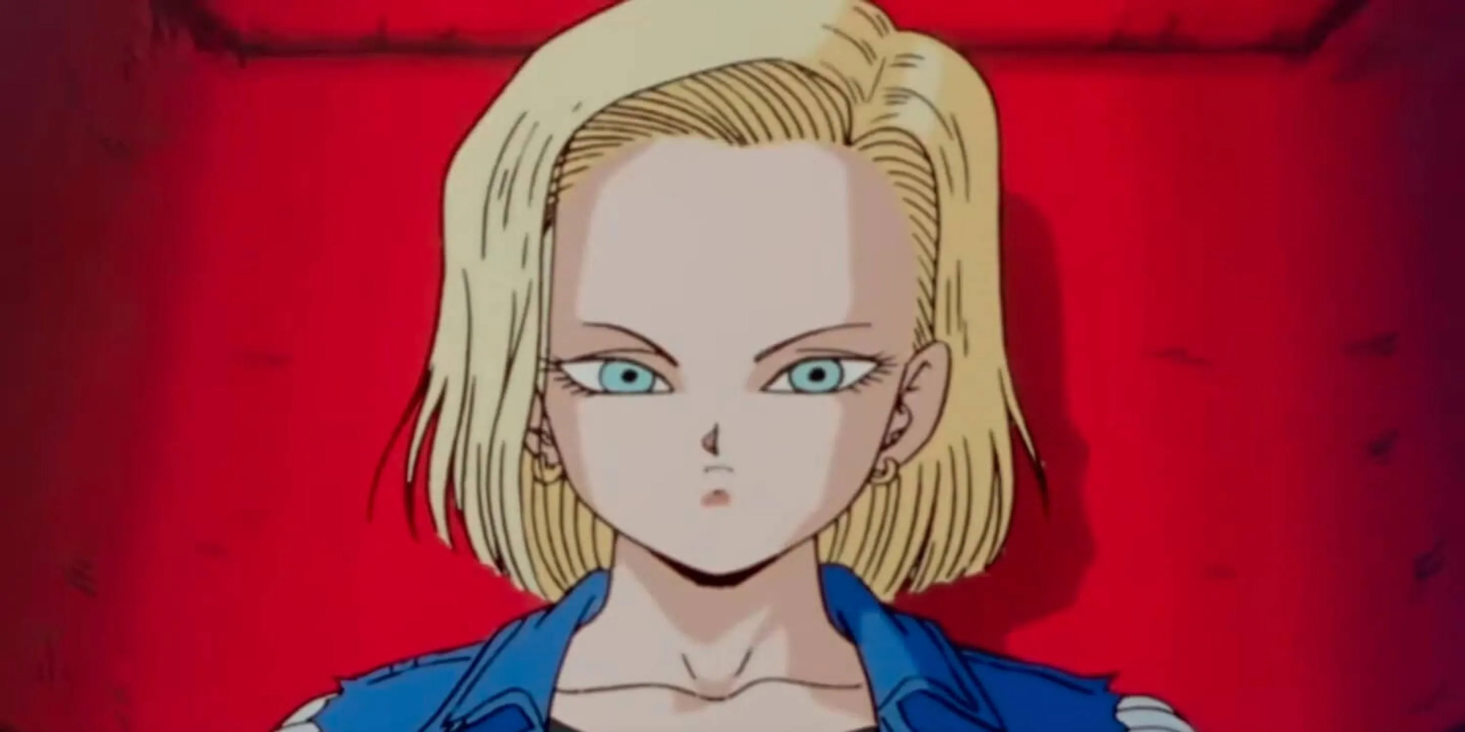 Android 18 với trang phục đặc trưng và mái tóc vàng, thể hiện sự lạnh lùng và mạnh mẽ