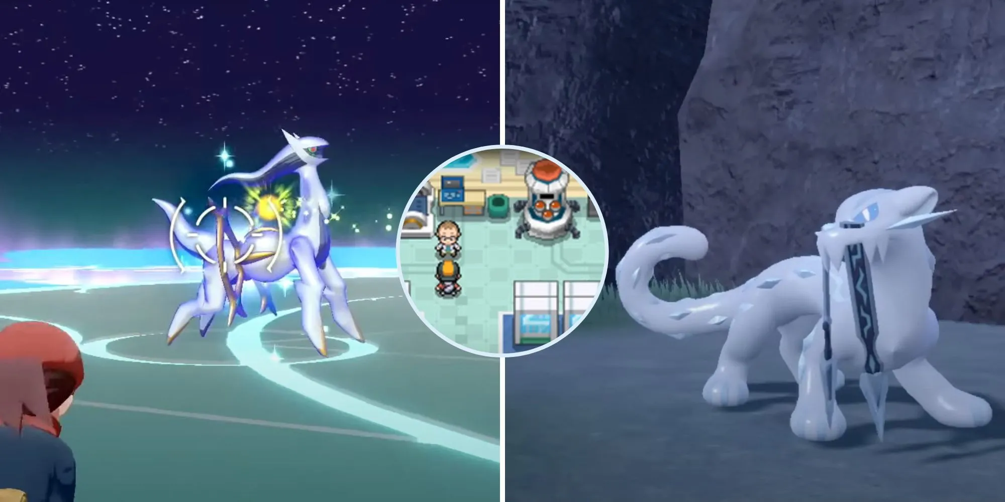 Ảnh chụp các nhân vật Pokémon đại diện cho các game khác nhau: Pokemon Legends Arceus, Pokemon HeartGold, và Pokemon Scarlet and Violet