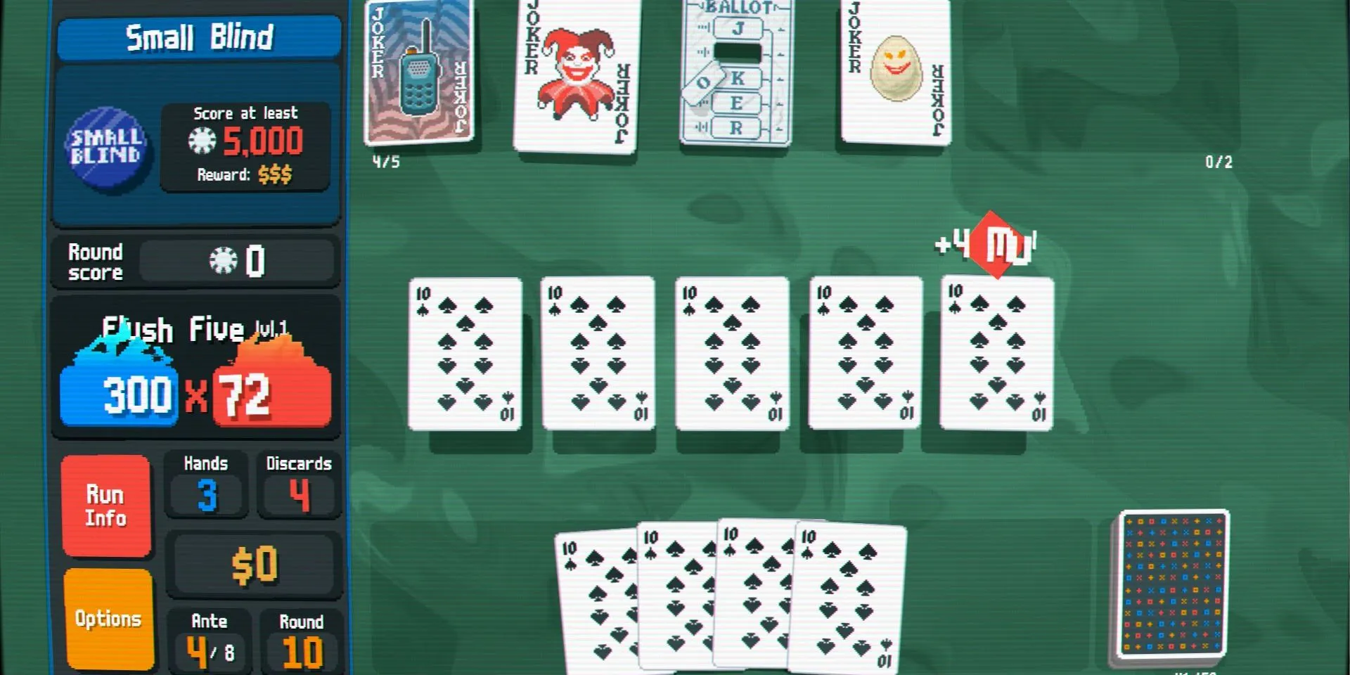 Ảnh chụp màn hình game Balatro, với nhiều quân 10 Bích tạo thành bộ bài Flush Five.