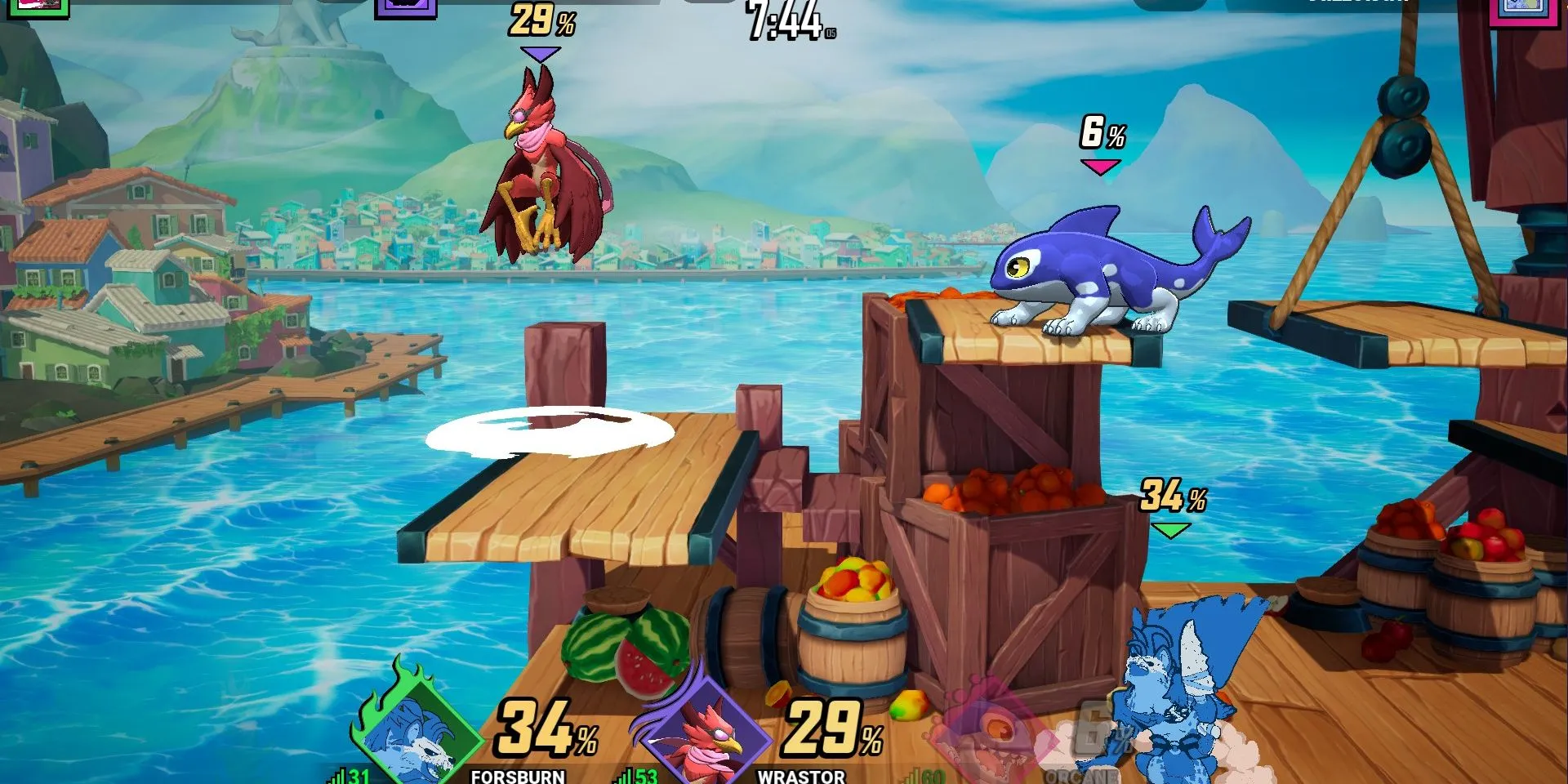 Ảnh chụp màn hình Rivals of Aether 2, trên bến tàu với Wrastor, Orcane, và Forsburn đang giao chiến.