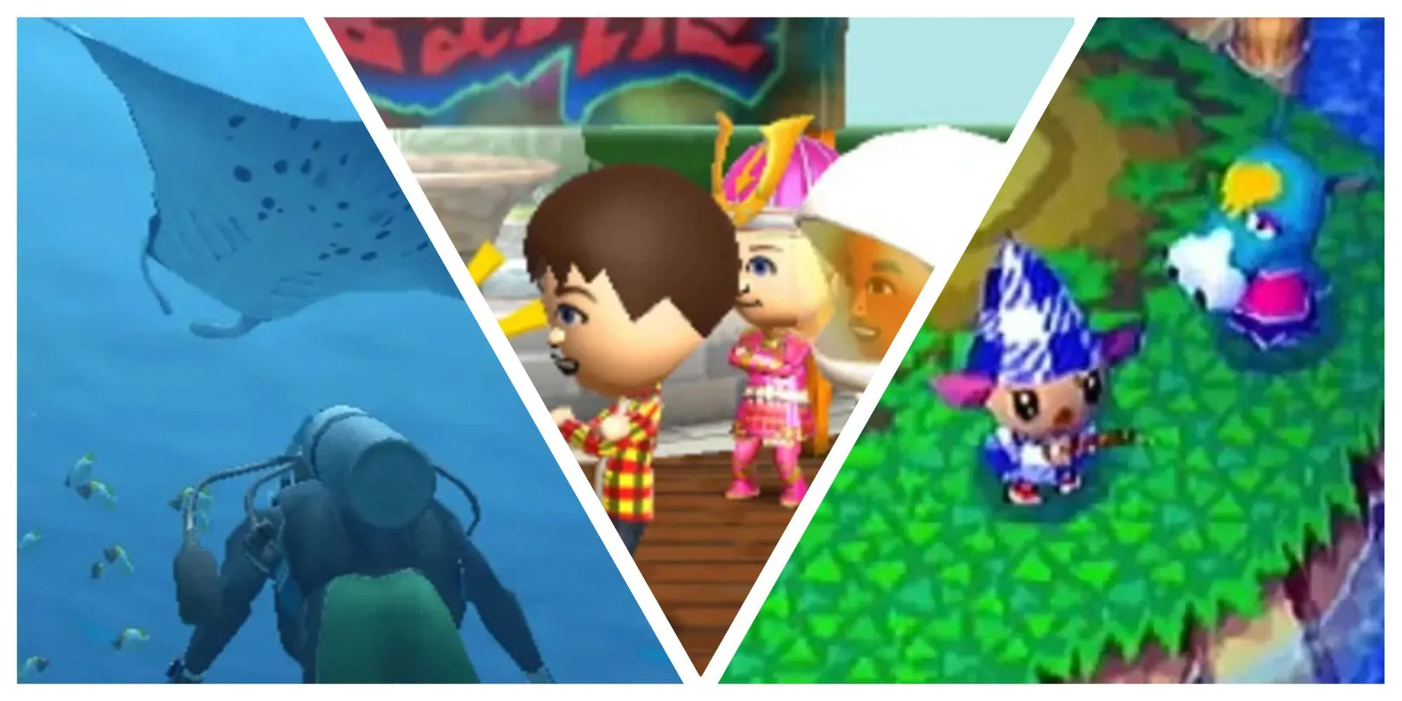 Ảnh ghép các cảnh game Endless Ocean, Tomodachi Life và Animal Crossing