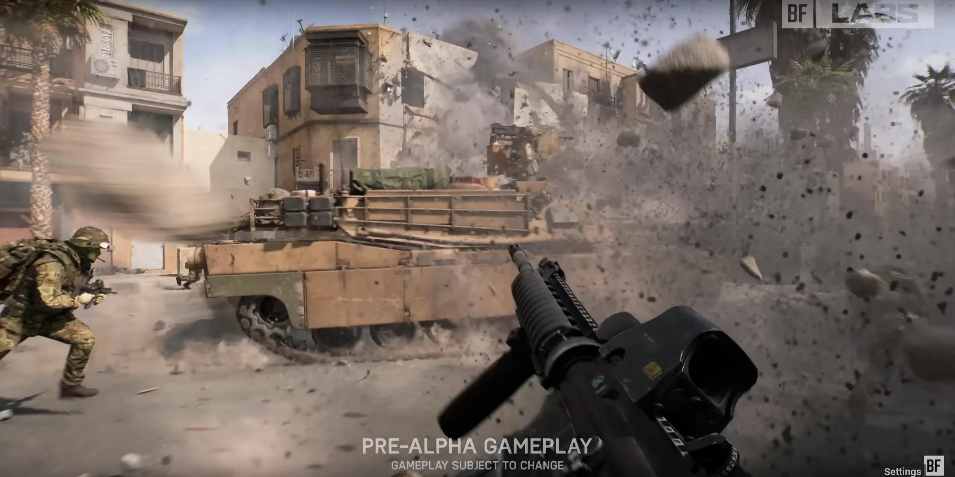 Ảnh rò rỉ Battlefield 6: Người lính Mỹ cùng súng M4A1 và xe tăng M1 Abrams