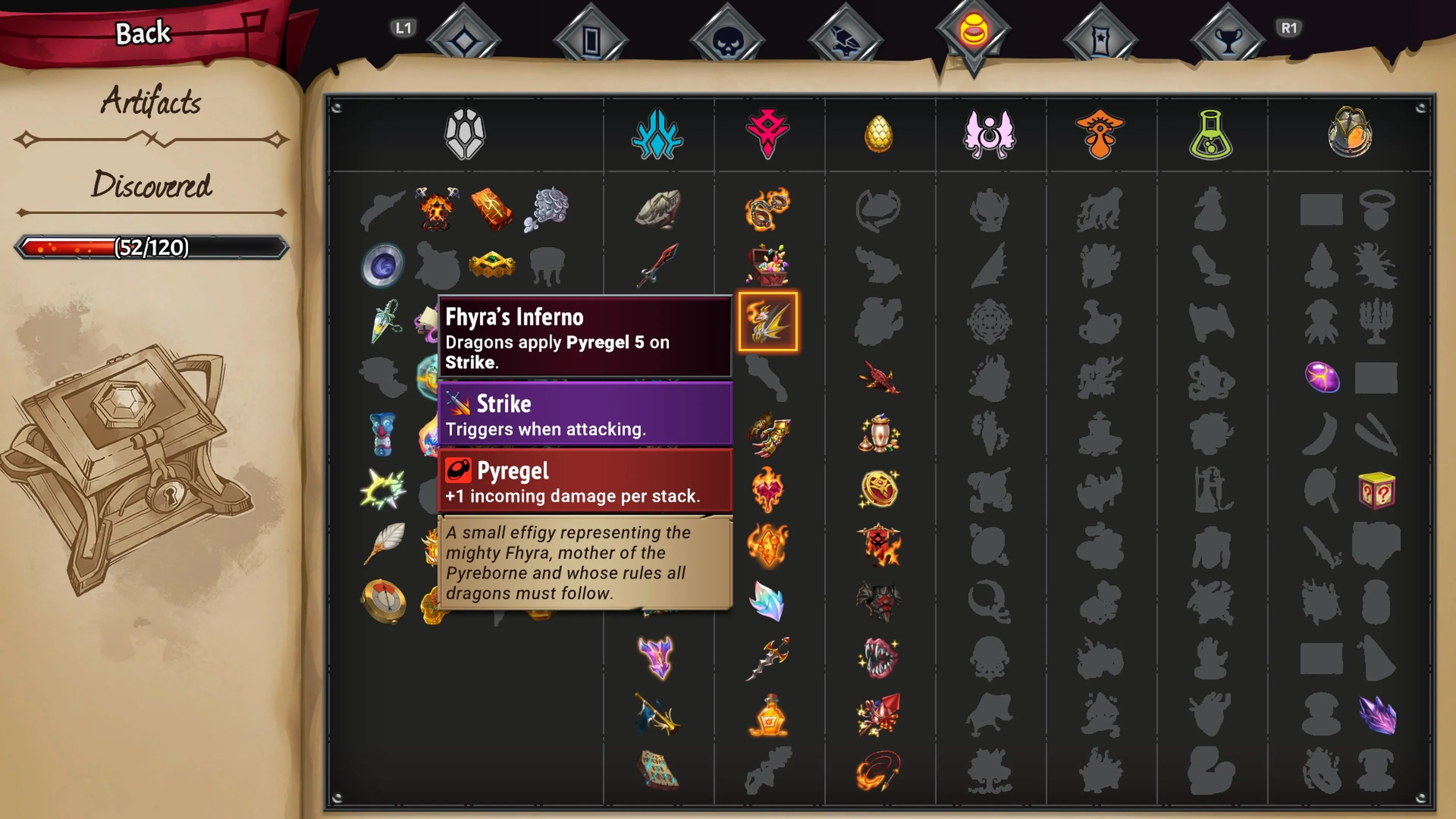 Artifact Hỏa Ngục của Fhyra tăng hiệu ứng Pyregel cho các đơn vị rồng trong Monster Train 2
