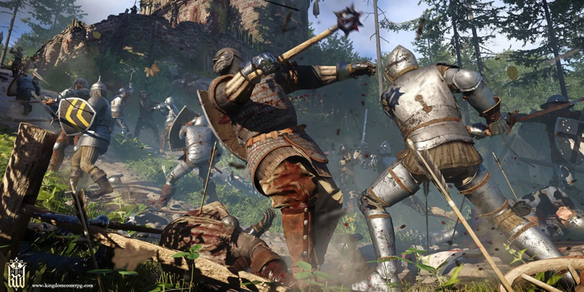 Battle scene from Kingdom Come: Deliverance with a knight attacking an enemy with a mace.