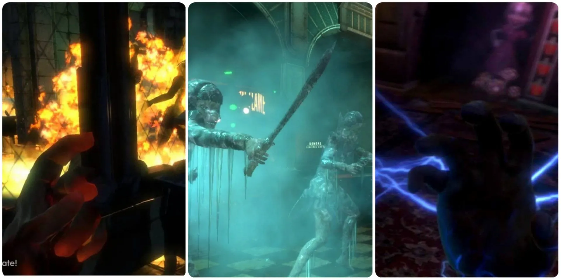 Các sức mạnh Plasmid như Incinerate (lửa) và Winter's Blast (băng) trong BioShock