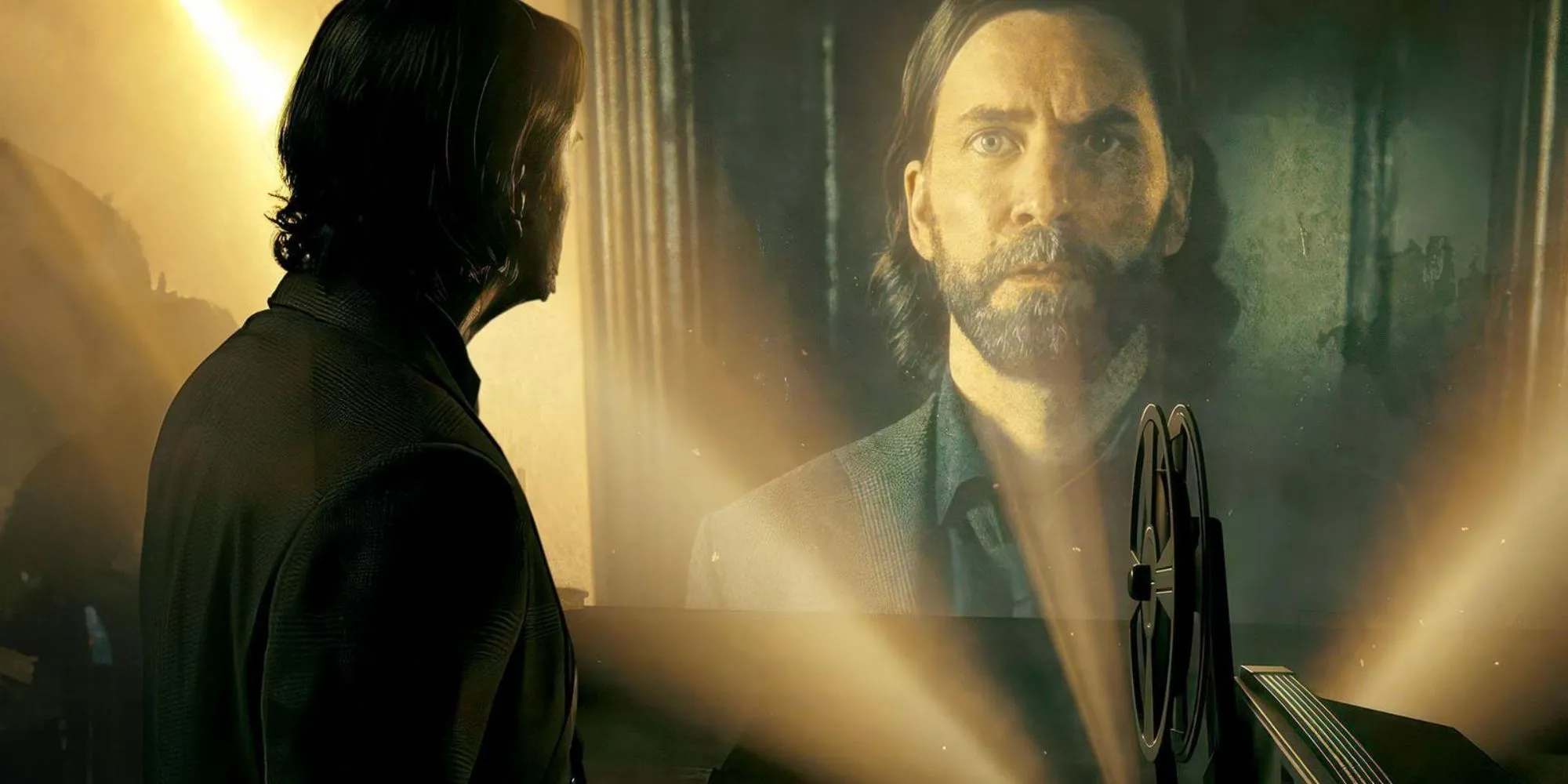 Cảnh Alan Wake nhìn chính mình trên máy chiếu phim từ Alan Wake 2