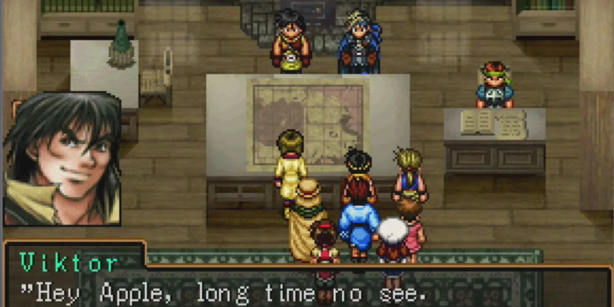 Cảnh các nhân vật chiến đấu với quy mô lớn trong game JRPG Suikoden II trên PS1