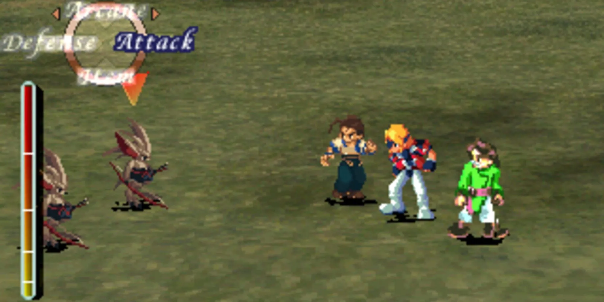 Cảnh các nhân vật và robot khổng lồ (Gears) chiến đấu trong game JRPG Xenogears trên PS1