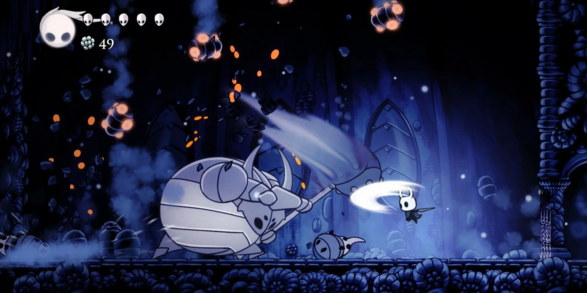 Cảnh chiến đấu với False Knight trong game Hollow Knight.