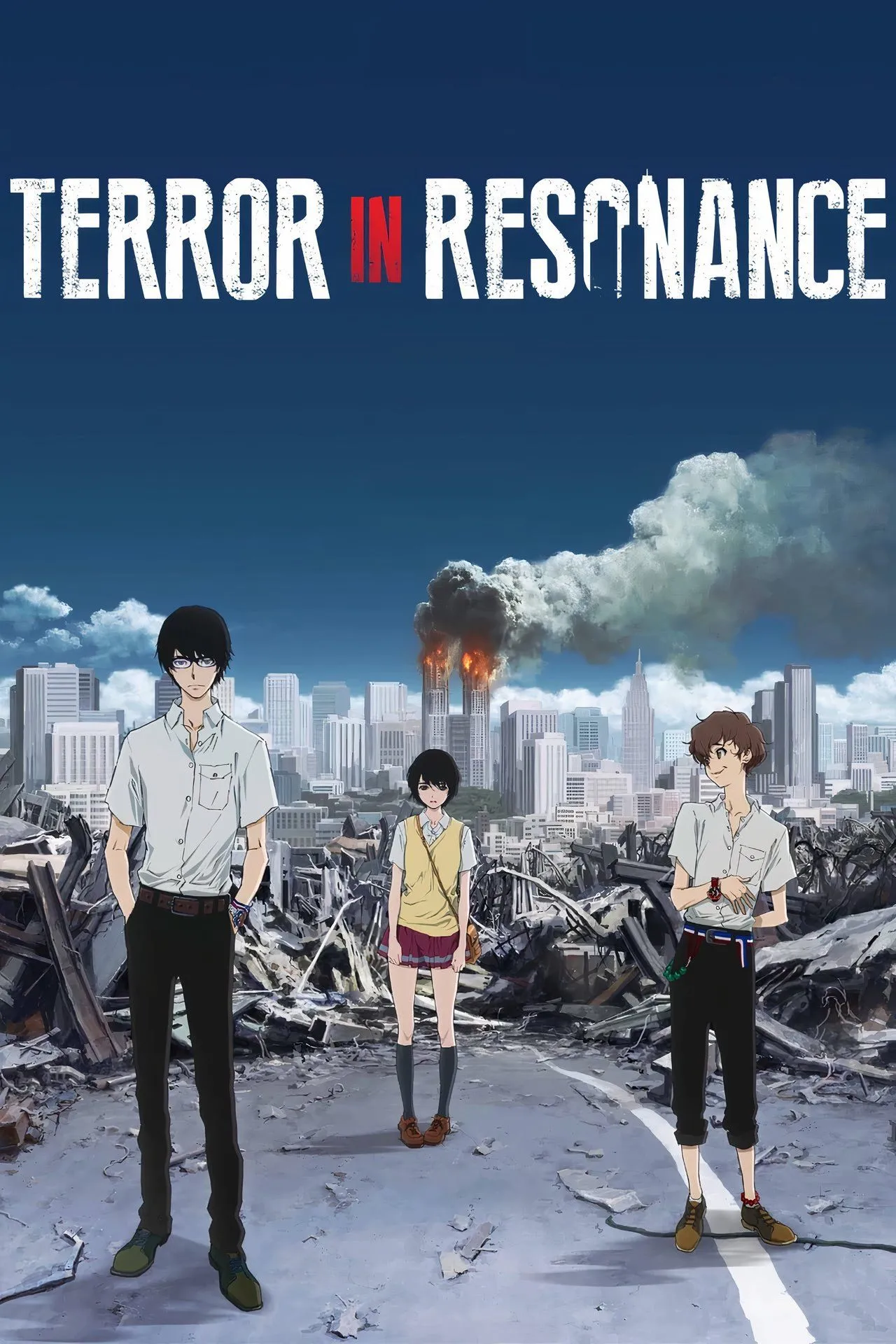 Cảnh đô thị trong anime Terror in Resonance, thể hiện bối cảnh hiện đại và căng thẳng của câu chuyện