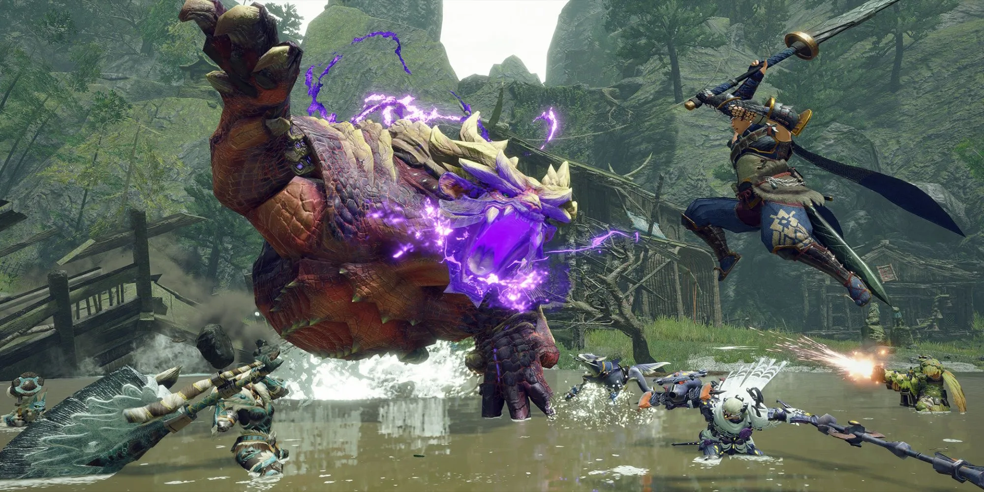 Cảnh gameplay Monster Hunter Rise cho thấy nhân vật đang đối đầu với quái vật lớn trong rừng