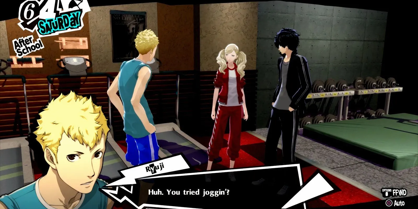 Cảnh Ryuji, Ann, và Joker trong phòng gym ở Persona 5 Royal