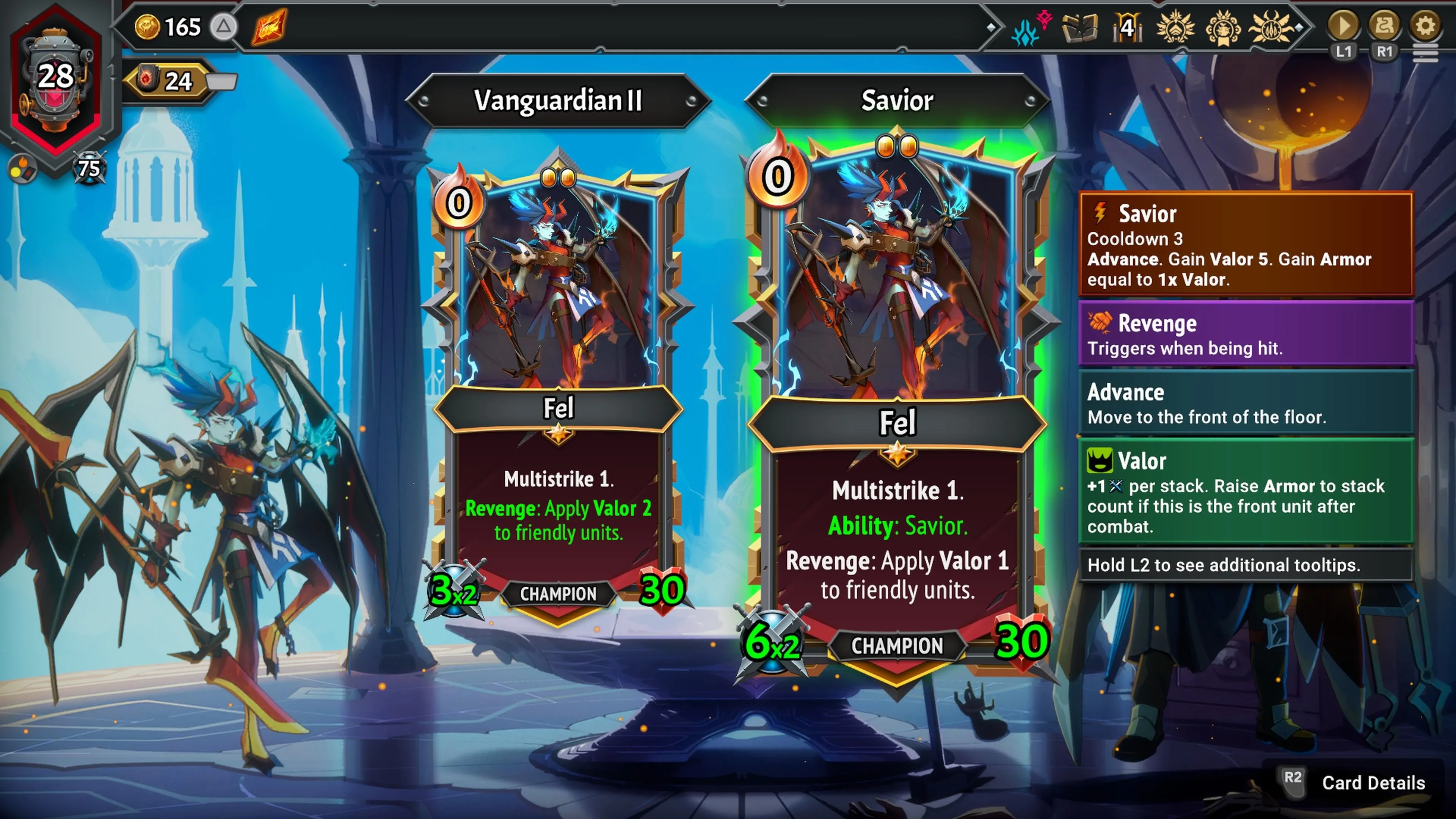 Champion Fel của tộc The Banished trong Monster Train 2, hiển thị chỉ số và kỹ năng Multistrike cùng Savior