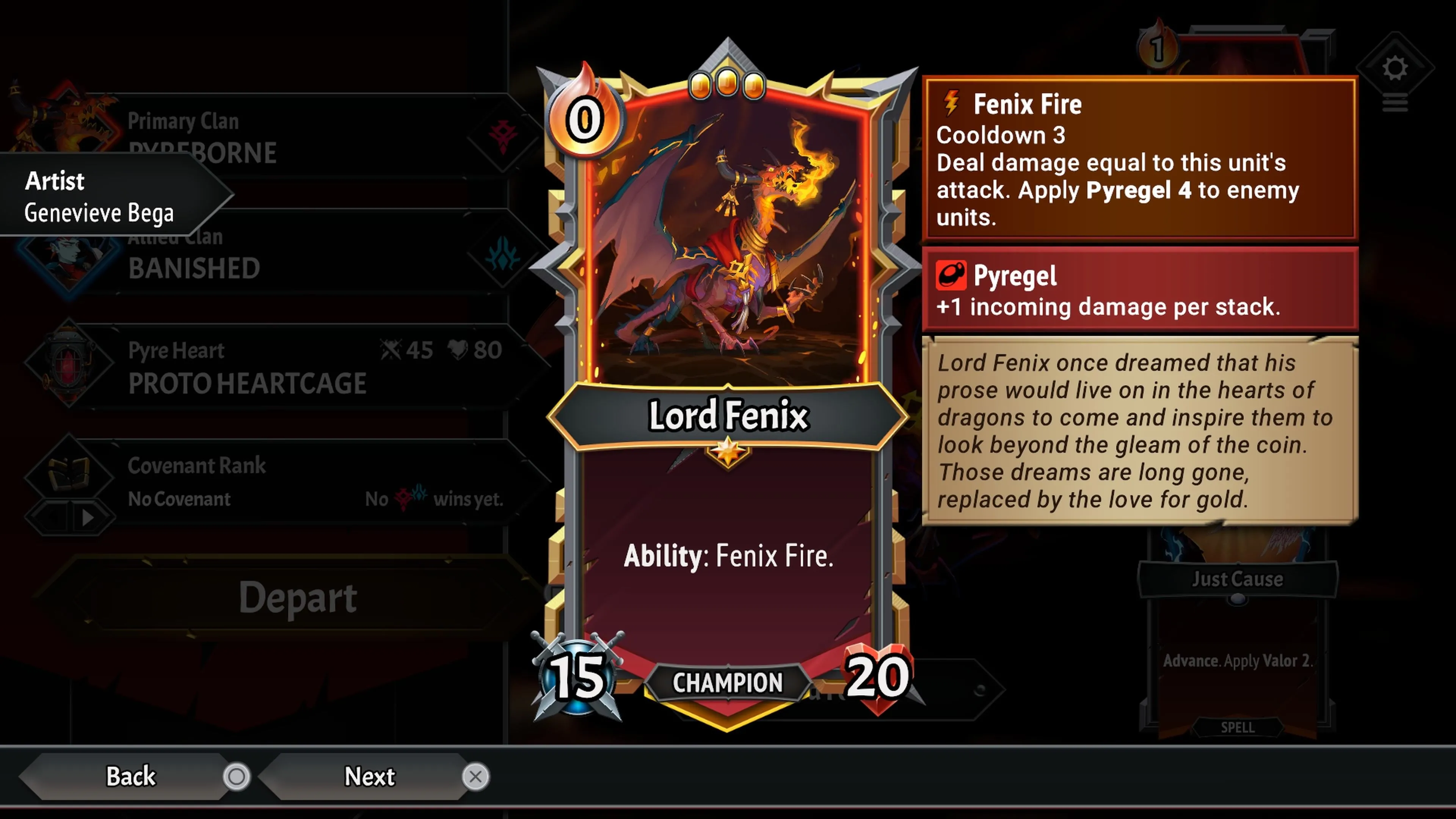 Champion Lord Fenix của tộc Pyreborne trong Monster Train 2, hiển thị chỉ số và kỹ năng Fenix Fire