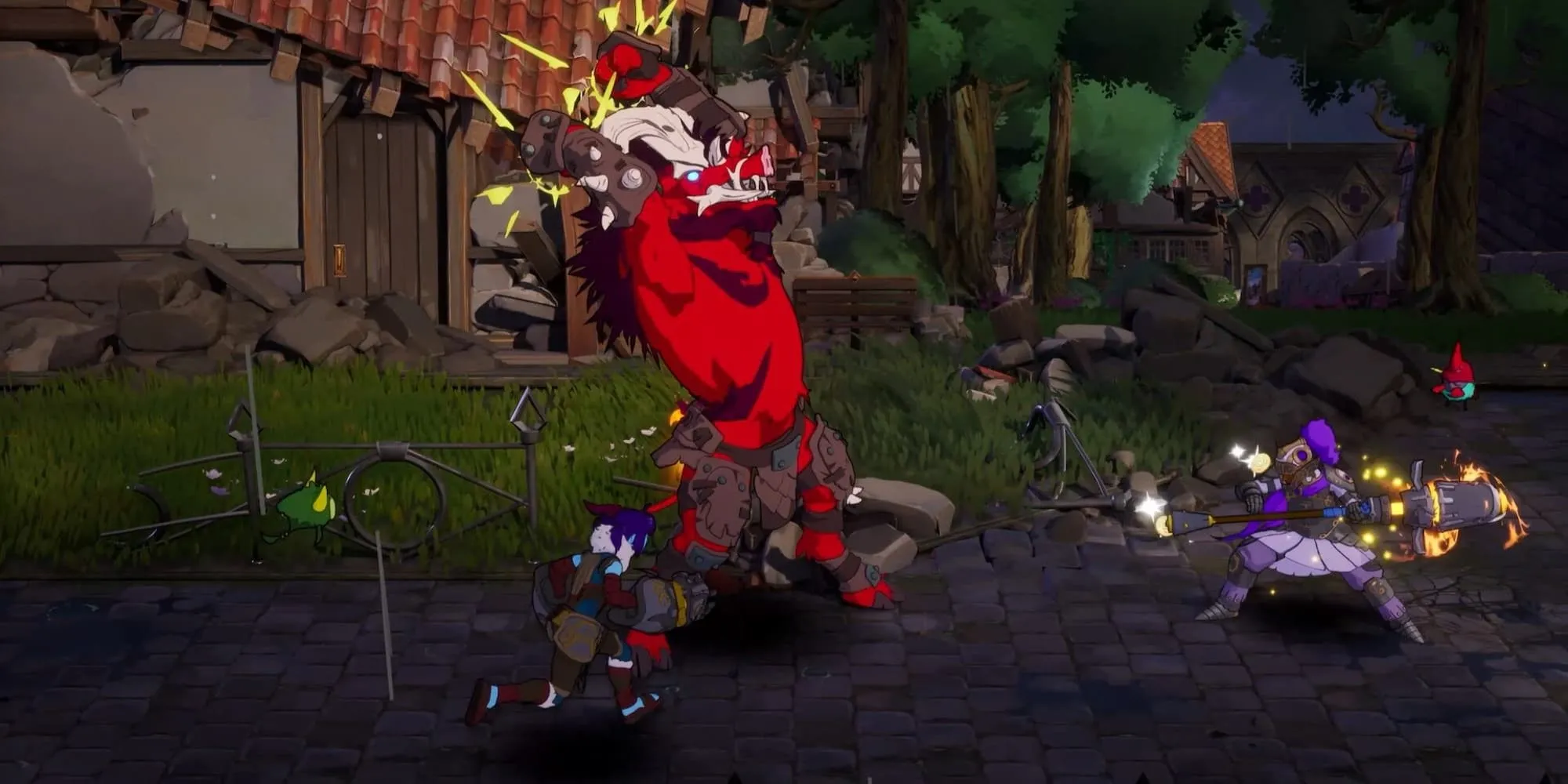 Chiến đấu với một con quái vật đỏ khổng lồ trong Towerborne