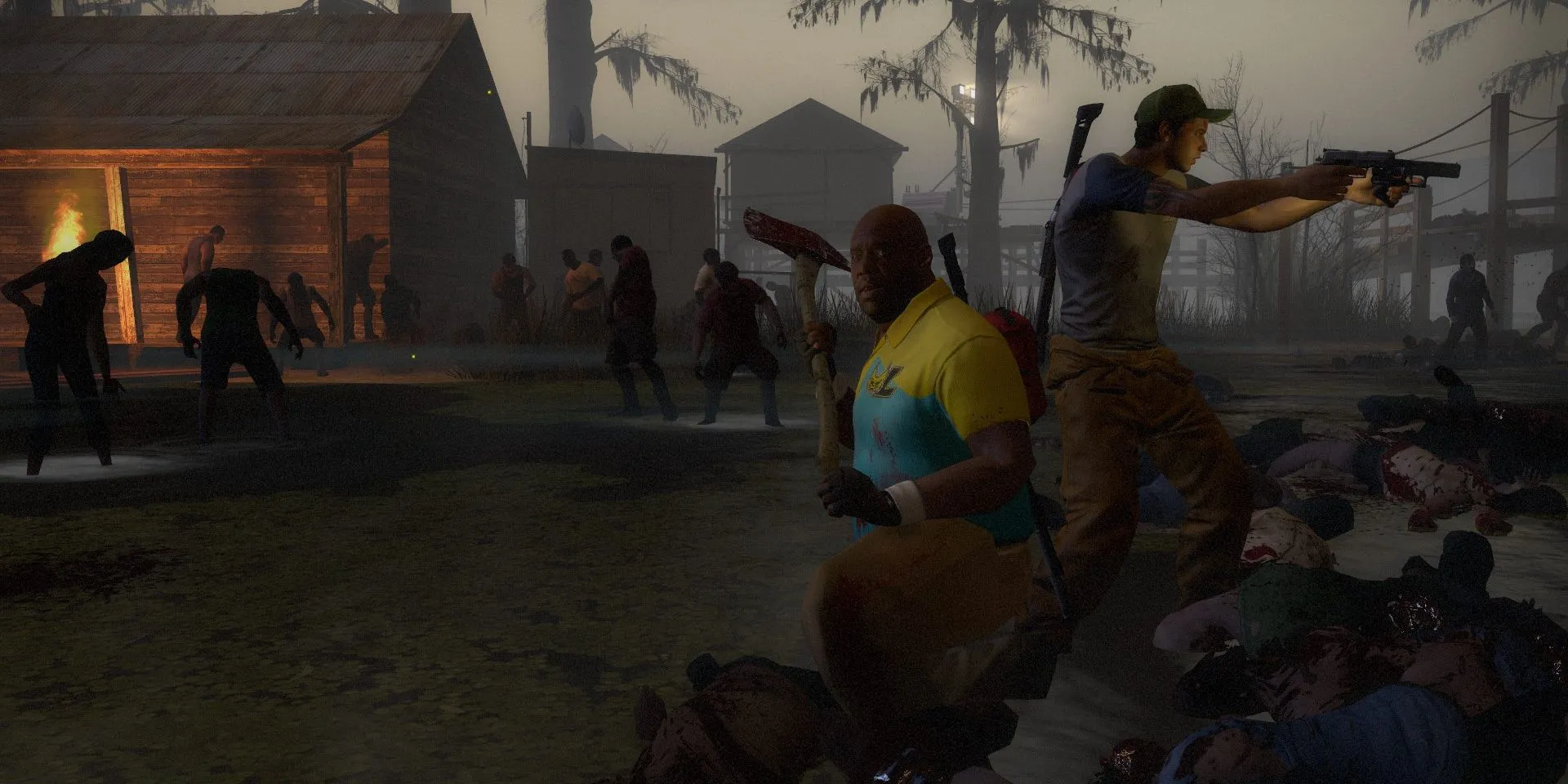 Coach và Ellis trong Left 4 Dead 2 chuẩn bị đối mặt với bầy zombie