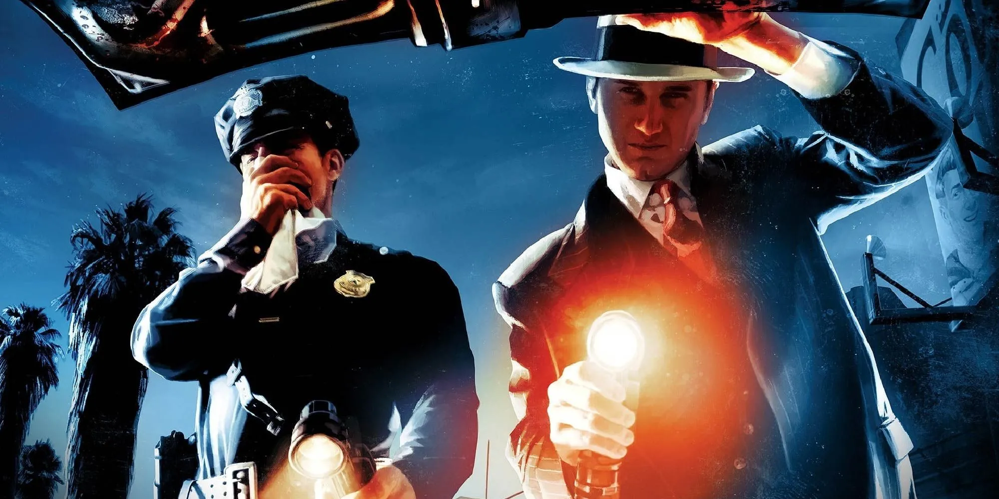 Cole Phelps từ L.A. Noire chiếu đèn pin vào cốp xe. Một cảnh sát khác bên cạnh anh ta có vẻ khó chịu