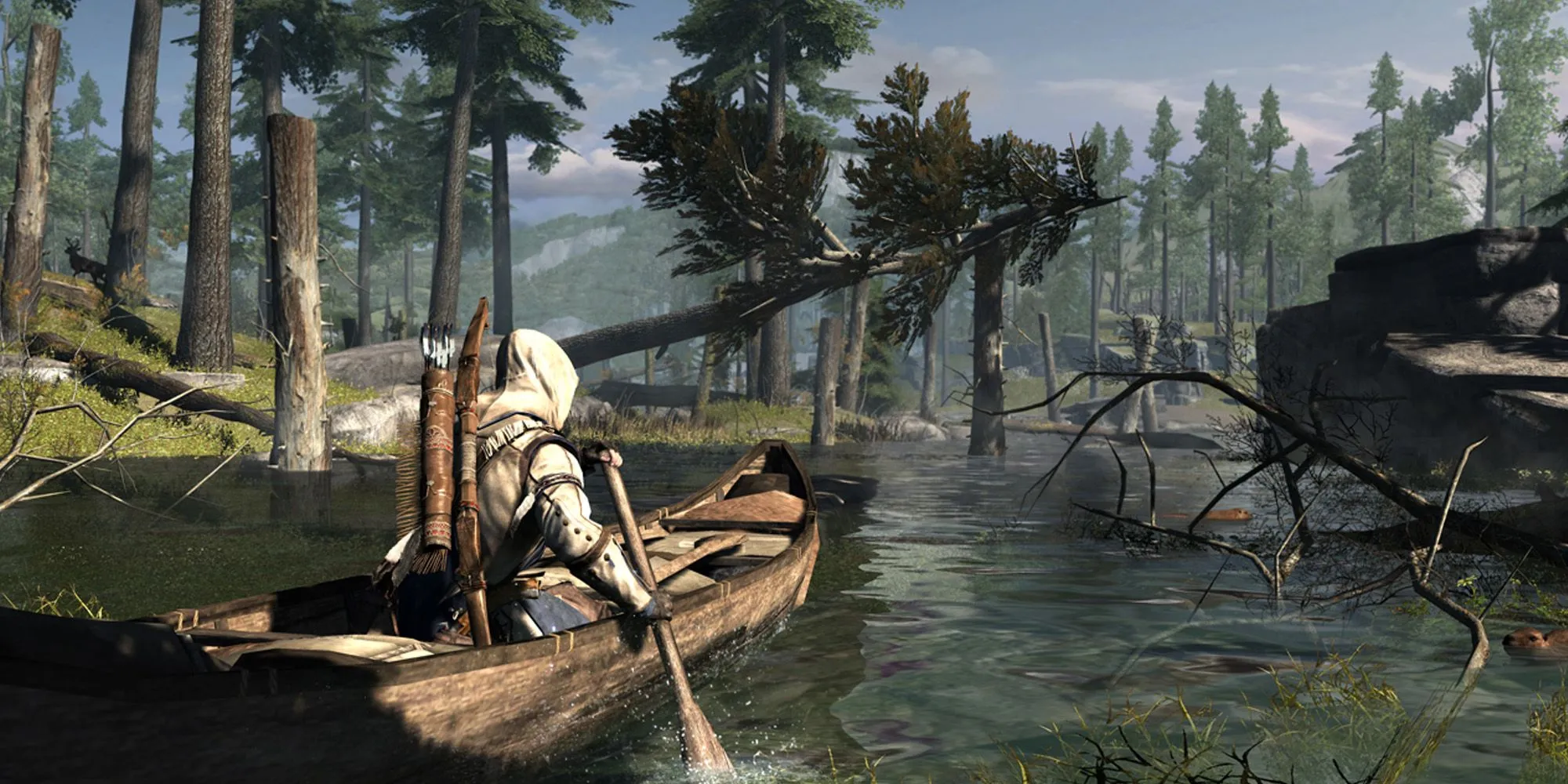 Connor Kenway chèo thuyền qua một khu rừng trong game Assassin's Creed III