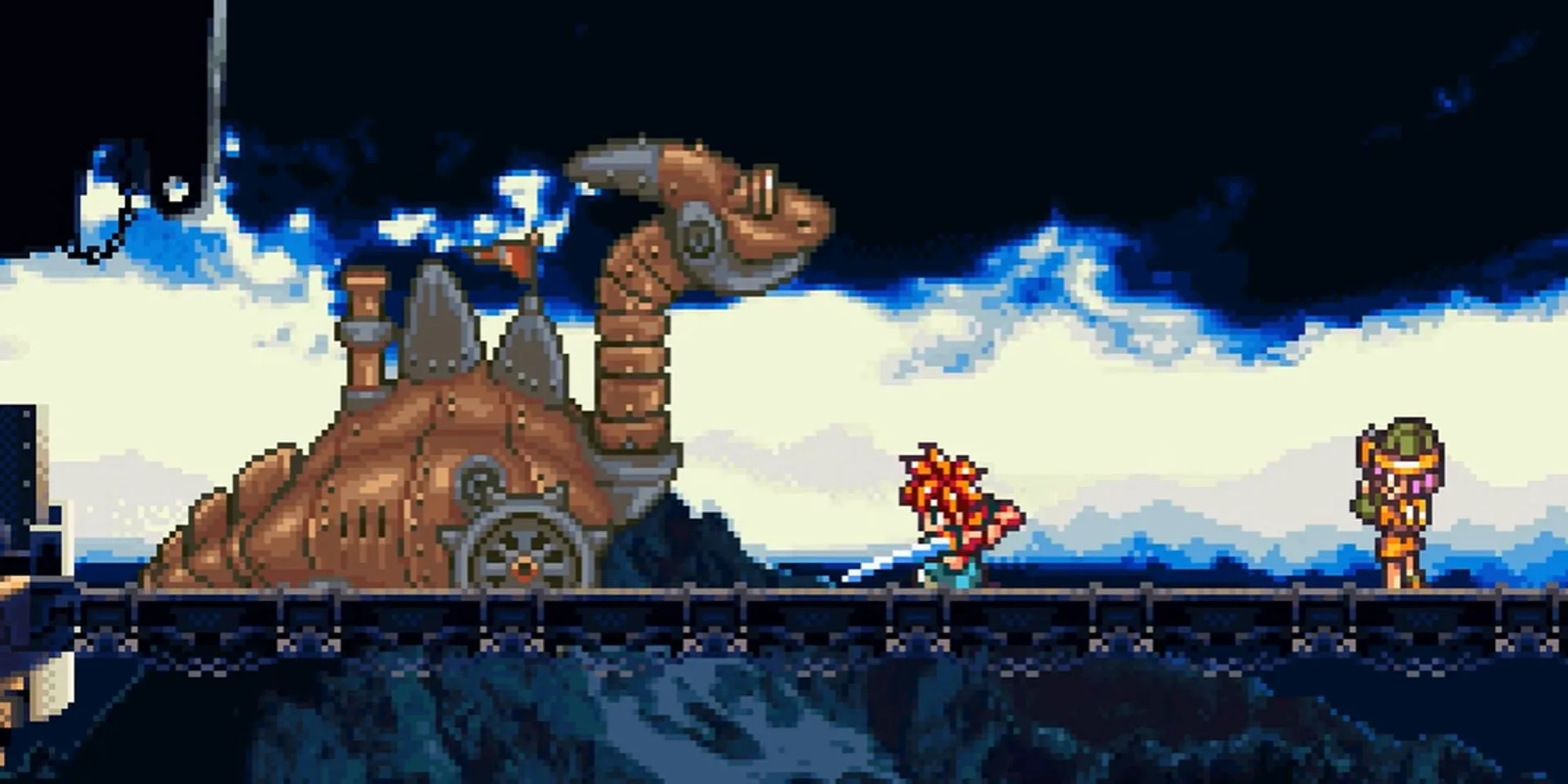 Crono và Luca chiến đấu với Dragon Tank trong trận boss đầu tiên của game Chrono Trigger trên SNES