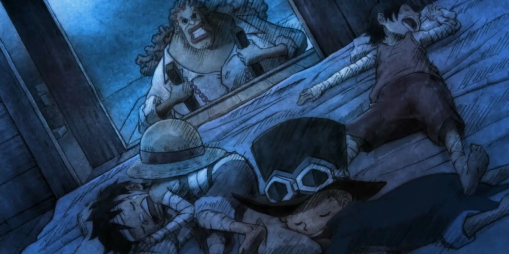 Dadan cùng Luffy, Sabo và Ace khi còn nhỏ, gợi nhớ về mối quan hệ gia đình không cùng máu mủ