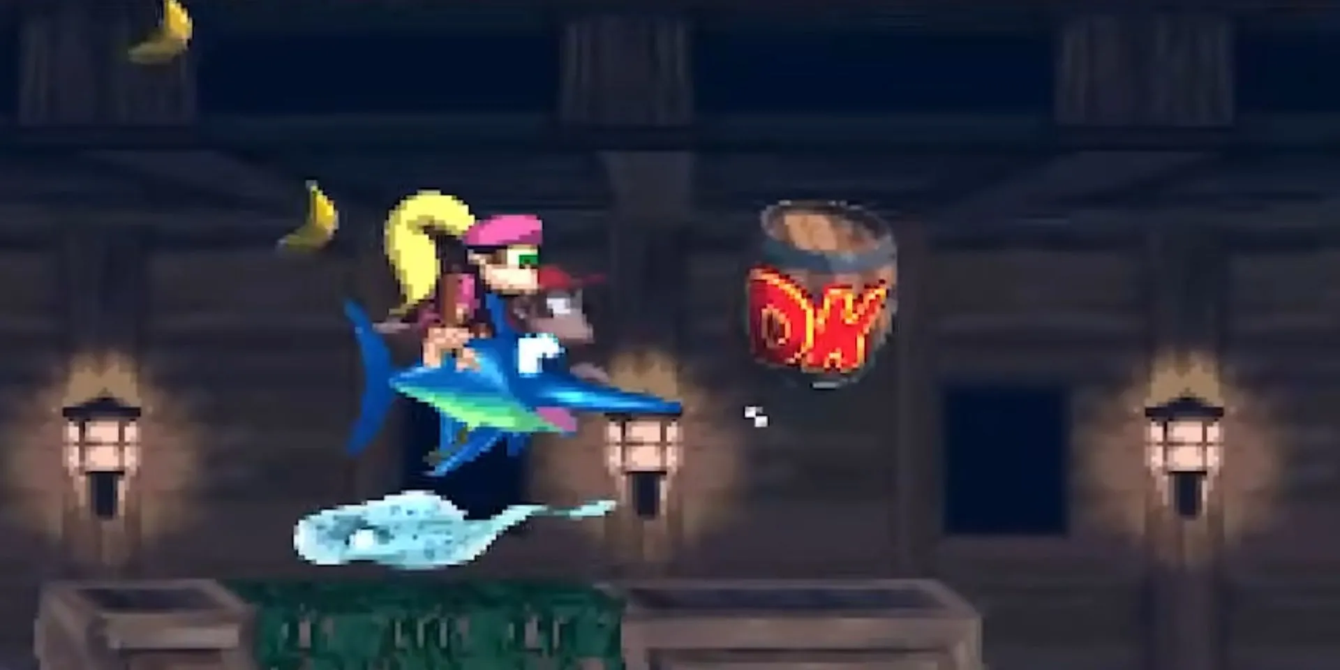 Dixie Kong cưỡi cá kiếm Engarde trong level dưới nước của game platformer Donkey Kong Country 2: Diddy's Kong Quest trên SNES