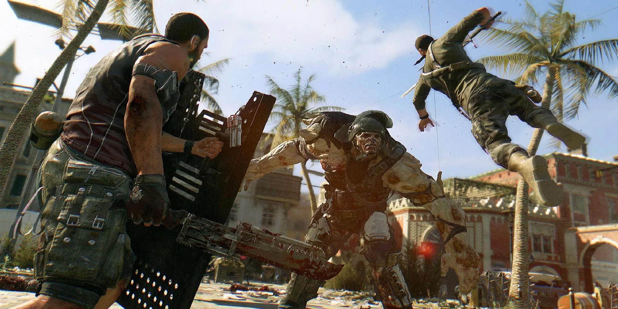 Dying Light two players fighting a huge zombie