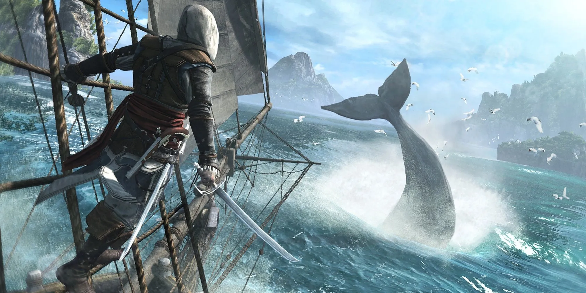 Edward Kenway quan sát cá voi từ con tàu Jackdaw trong Assassin's Creed Black Flag
