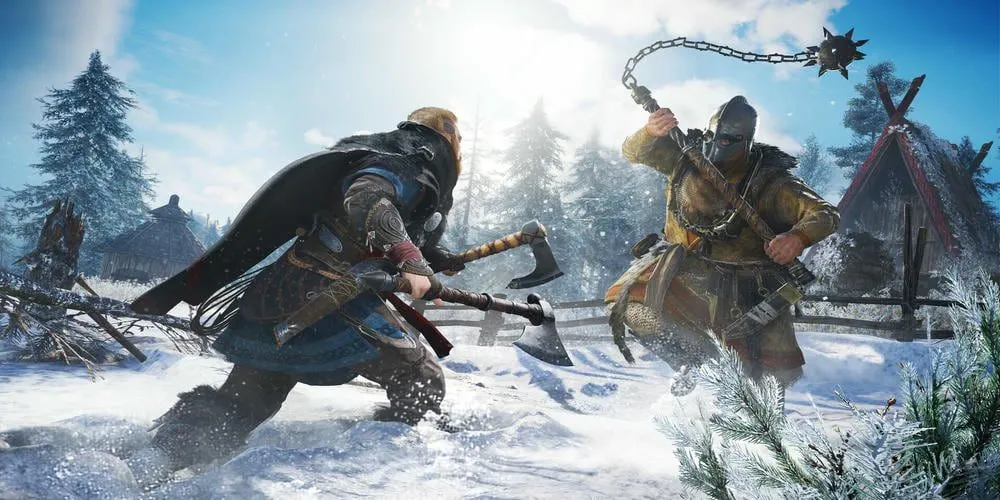 Eivor chiến đấu trong thế giới rộng lớn của Assassin's Creed Valhalla