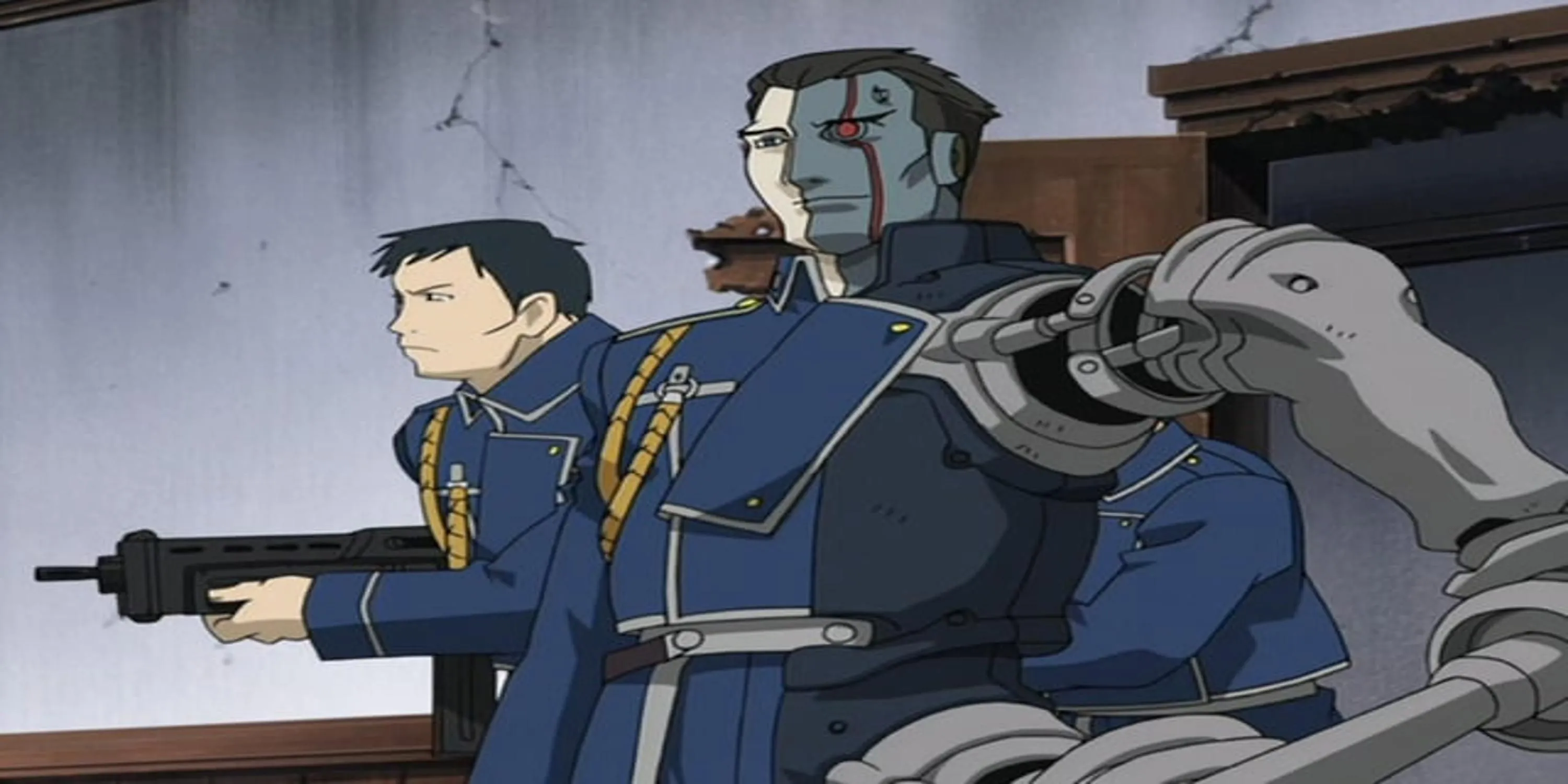 Frank Archer với cánh tay máy và biểu cảm hiểm ác trong Fullmetal Alchemist