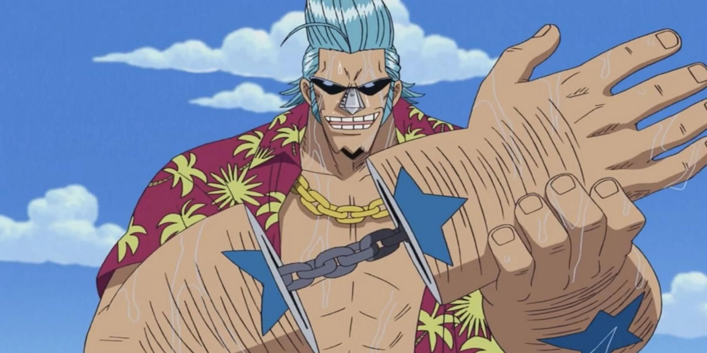 Franky, thành viên băng Mũ Rơm, tạo dáng &quot;SUPER&quot; với cơ thể cyborg đồ sộ