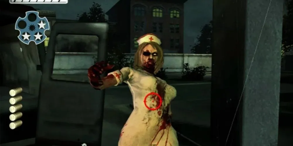 Game The House of the Dead Overkill trên Wii với đồ họa đen trắng và đỏ chủ đạo