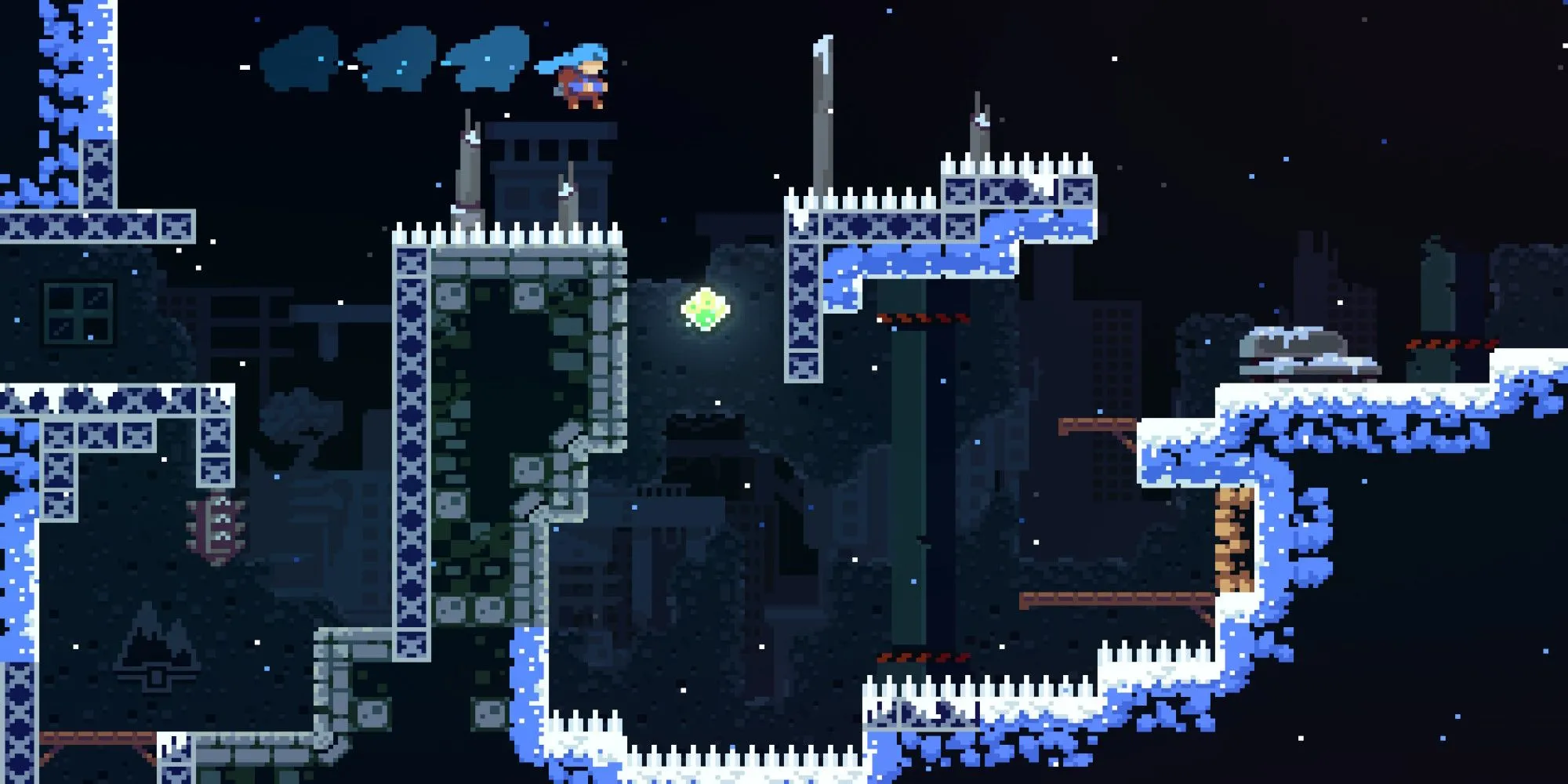 Gameplay của game Celeste từ Steam, hiển thị nhân vật đang nhảy và lao đi.