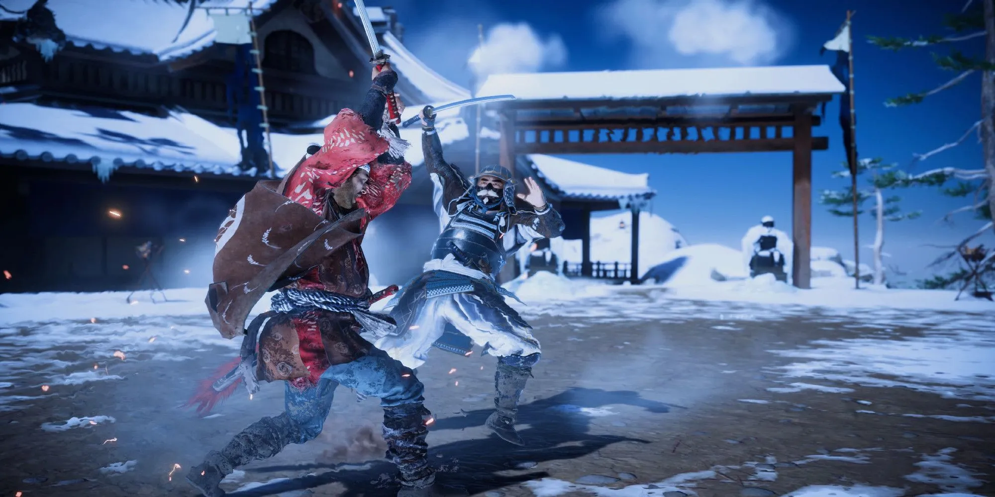 Ghost of Tsushima fighting a samurai in the snow