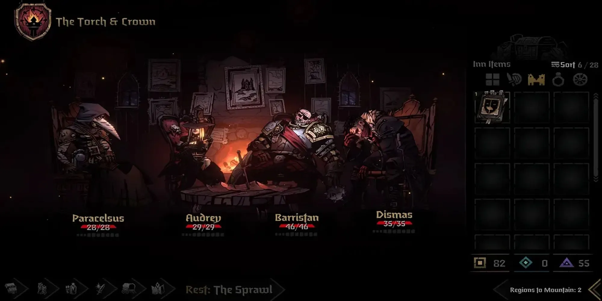 Giao diện chiến đấu theo lượt trong Darkest Dungeon, hiển thị các nhân vật đang đối mặt với quái vật trong một hầm ngục u ám.