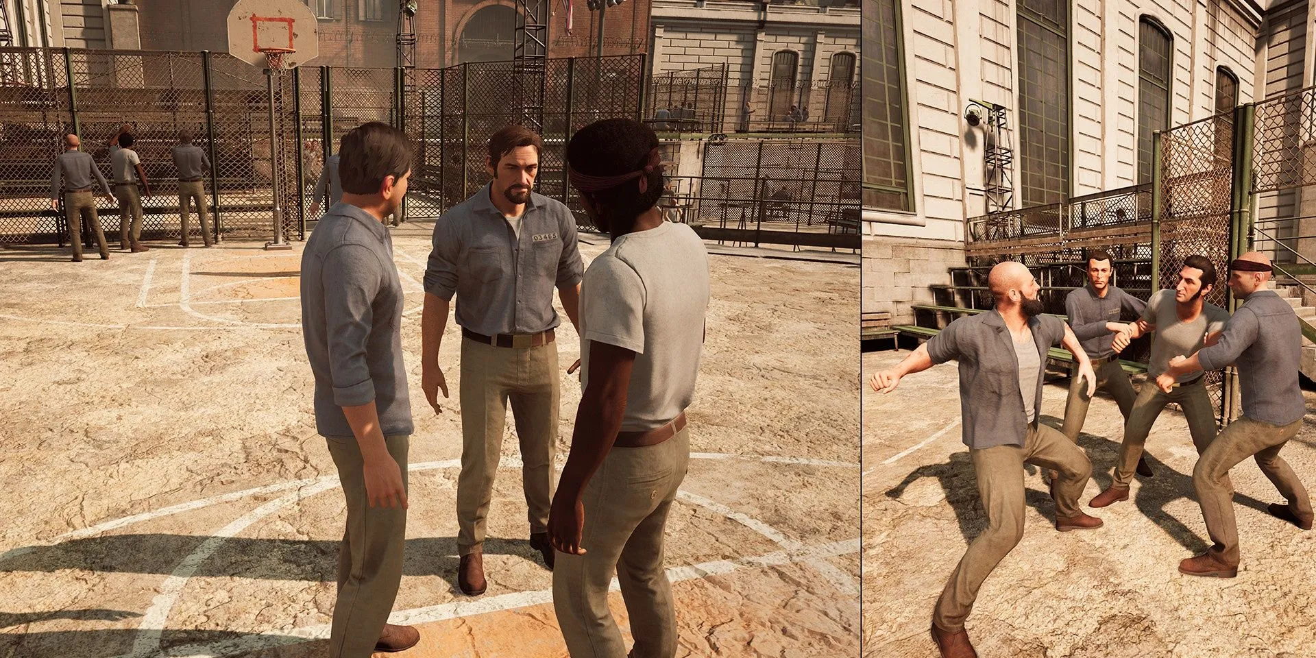 Hai nhân vật chính Leo và Vincent trong sân tù, chuẩn bị vượt ngục trong game co-op A Way Out